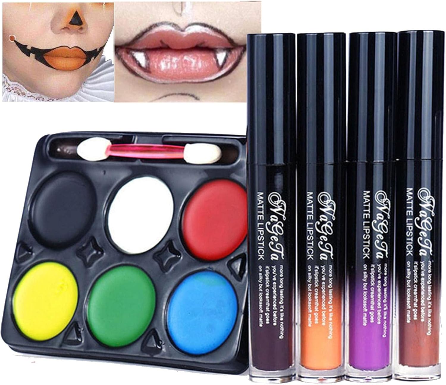 Eastuy Halloween Face Painting Kit,6 Colors Face Painting Palette and 4 Colors Lip Gloss