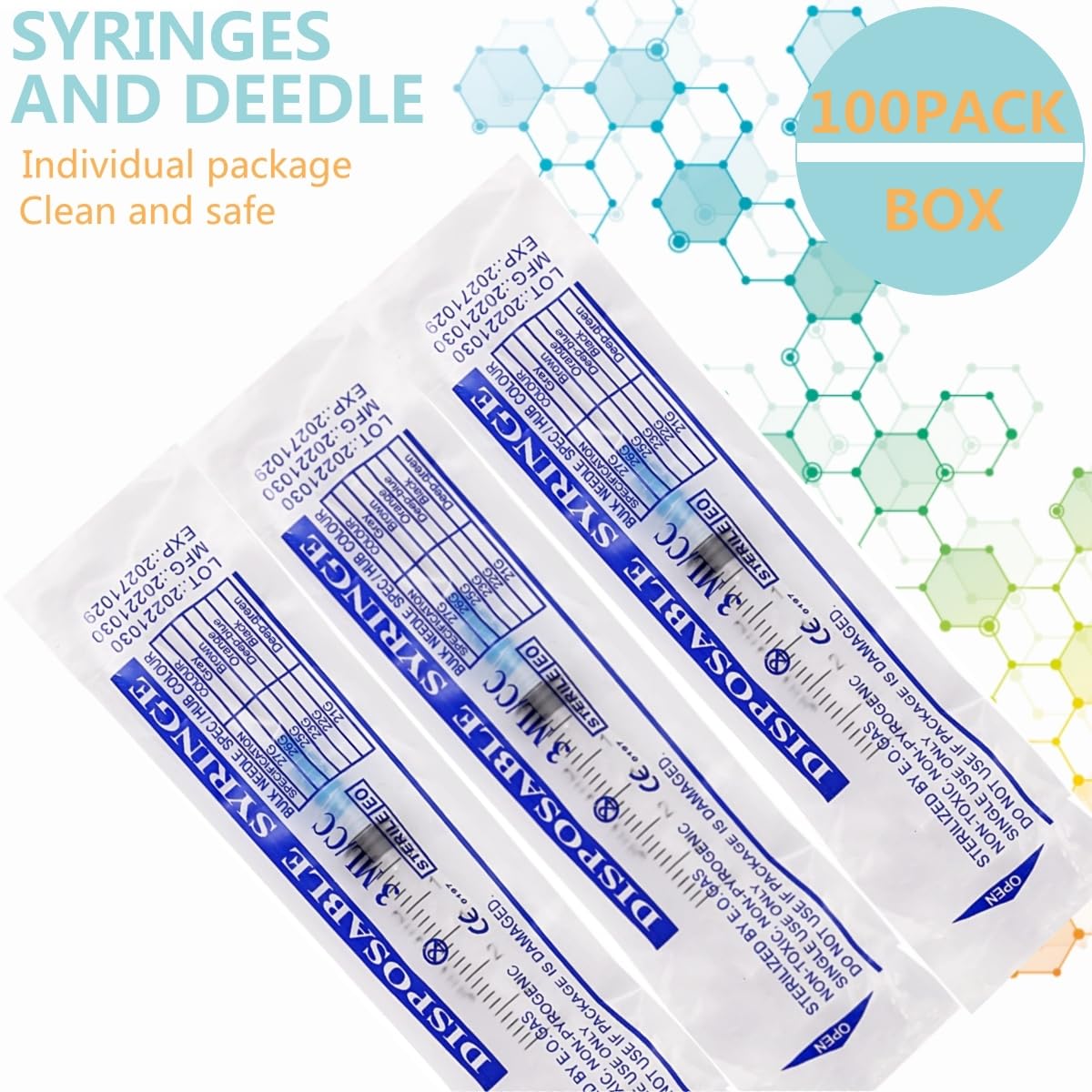 100 Pack 3ml Syringes with Needle - 23 Gauge, 5/8 inch Needle Luer Lock Syringe Individually Sealed Packaged — Amazon image 4