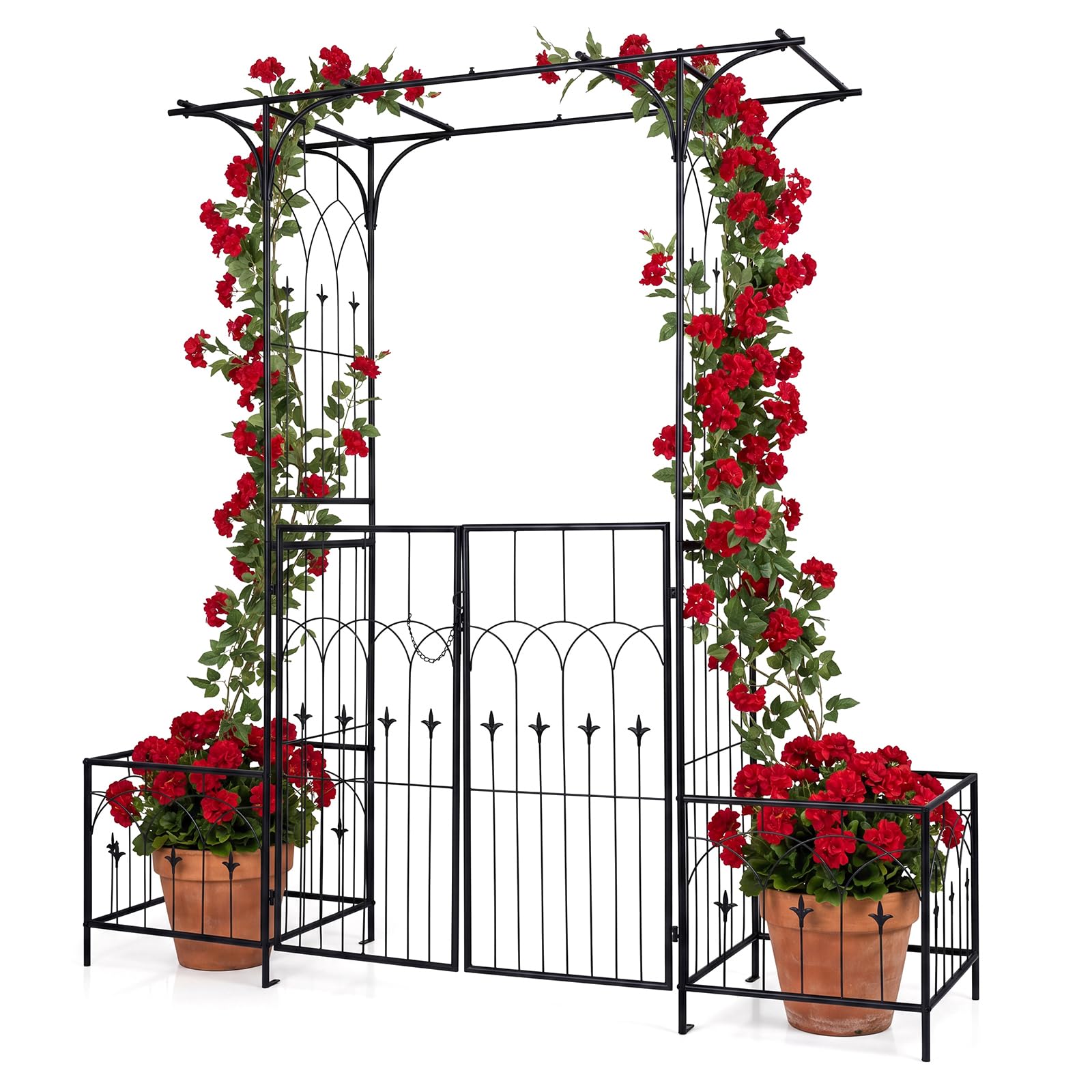COSTWAY Garden Arch with Planter Boxes, Metal Archway Trellis Pergola Arbour for Climbing Plant Rose Vines, Patio Arbor Decoration Stand for Party Wedding Lawn (with Gate, 200 x 51.5 x 206cm)