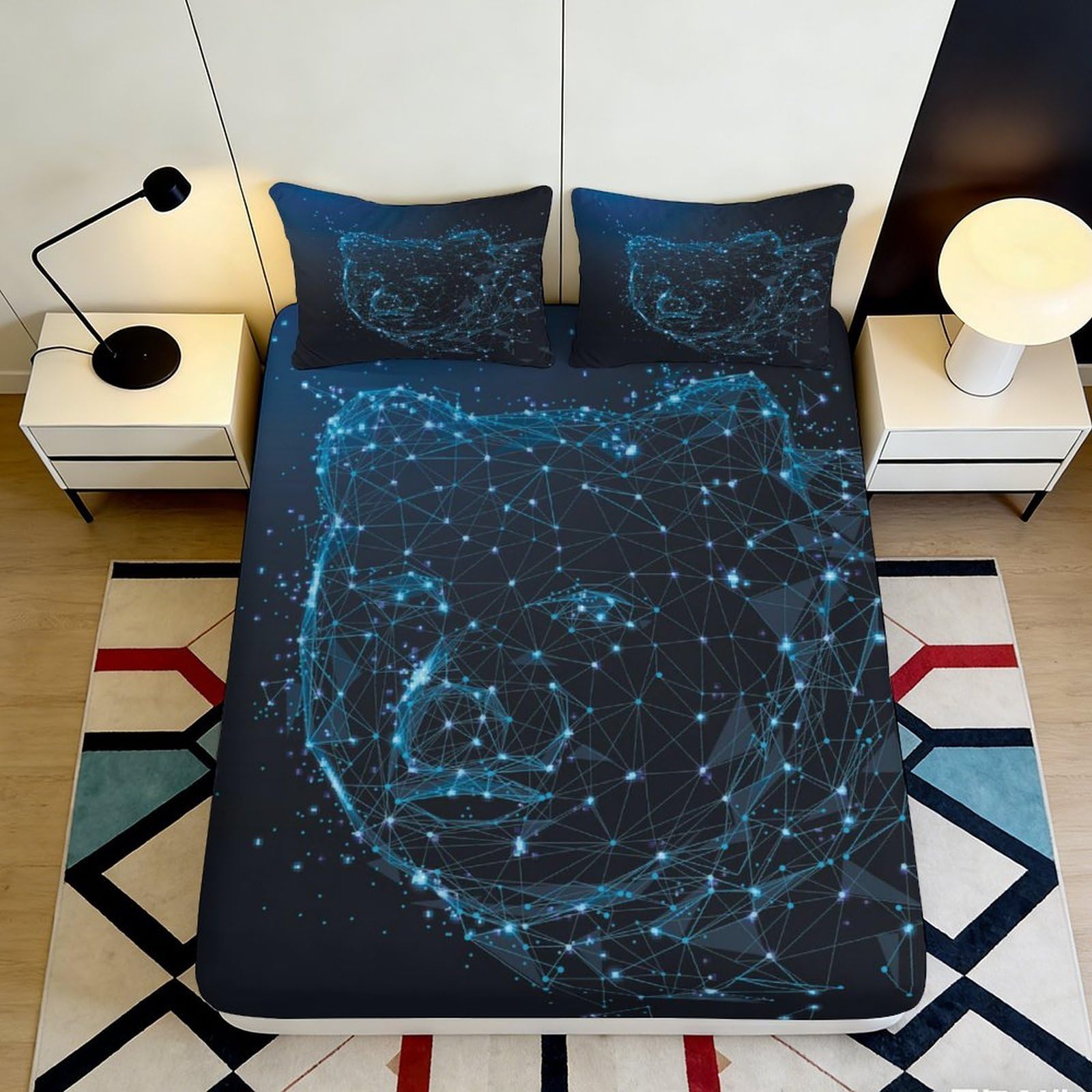 3D Printed Blue Bear Constellation Fitted Sheet Microfiber Soft Bed Cover for Bedroom Dorm Mattress Decor 90x200x25cm