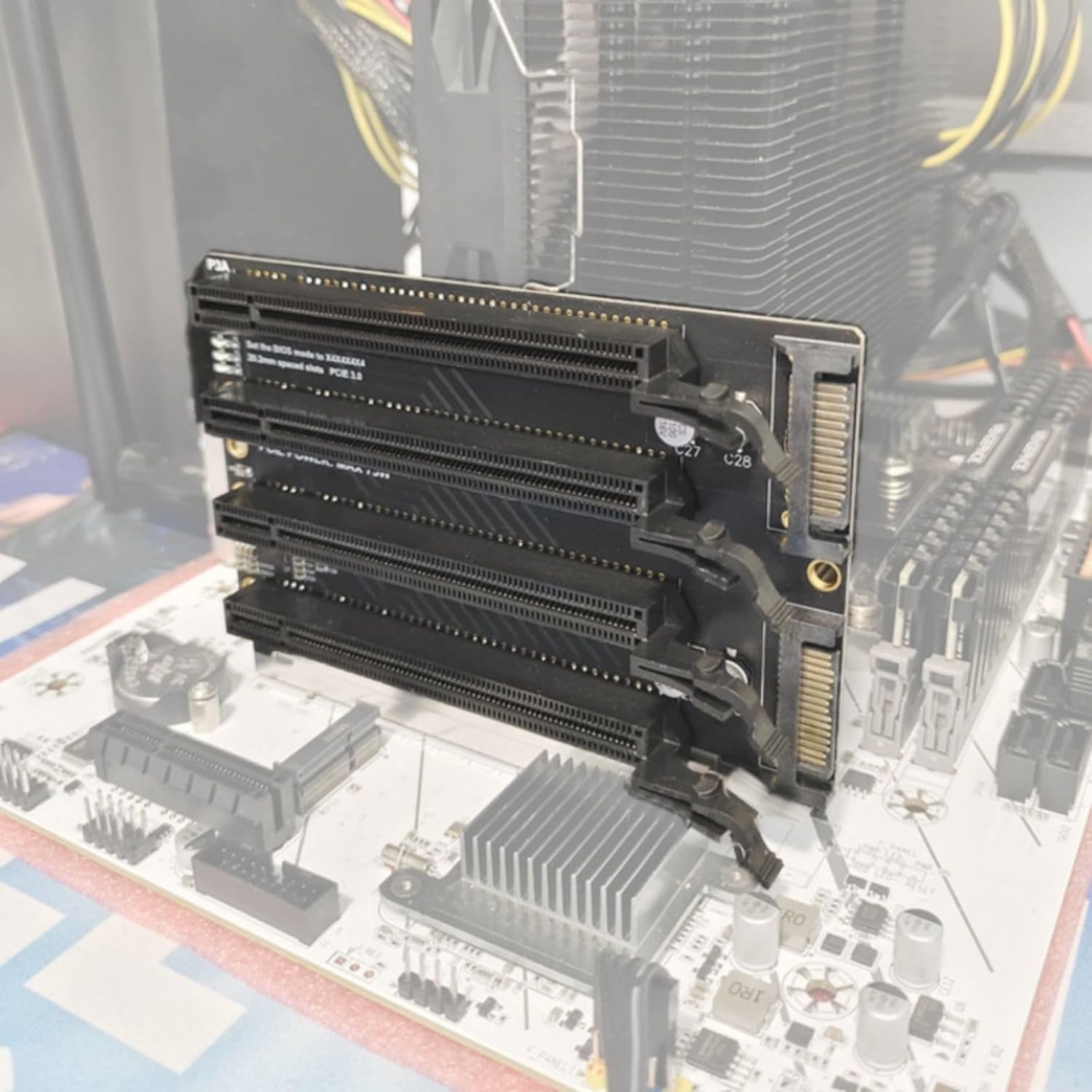 PCIE Splitter Card PCIE X16 to PCIE X4X4X4X4 Adapter Card with SATA Power Port & 4 Solid Capacitors Support SSD Card