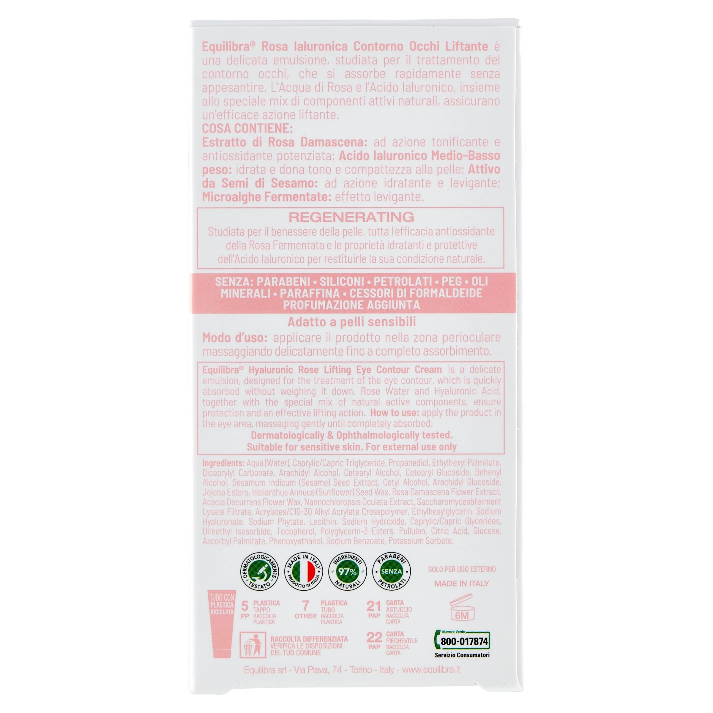Equilibra Viso, Rosa Ialuronica Contorno Occhi Liftante, Siero Contorno Occhi a Base di Estratto di Rosa Damascena, Acido Ialuronico, Attivo da Semi di Sesamo e Microalghe, Effetto Lifting, 15 ml