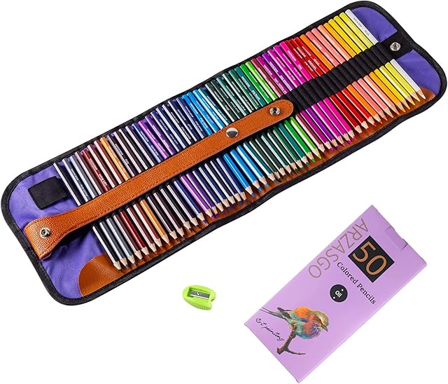 ARZASGO 50 Colouring Pencil Set, Artist Coloured Pencils for Adult Colouring Books, Artist Sketch, Premier Drawing Pencils with Canvas Roll-up Pouch Bag and Pencil Sharpener