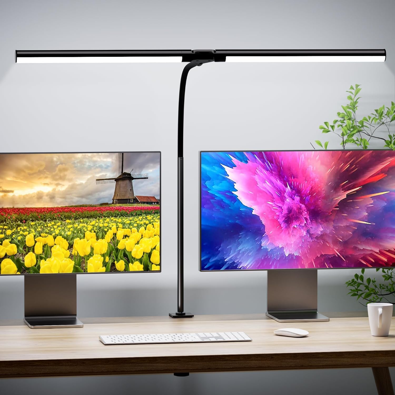 Quntis Lámpara LED de Escritorio, 80cm 15W Flexo LED Escritorio Potente con Doble Cabeza y Pinza, 4 Modos & 4 Niveles Brillo, Protección Ocular Luz de Escritorio para Trabajo, Estudio, Oficina