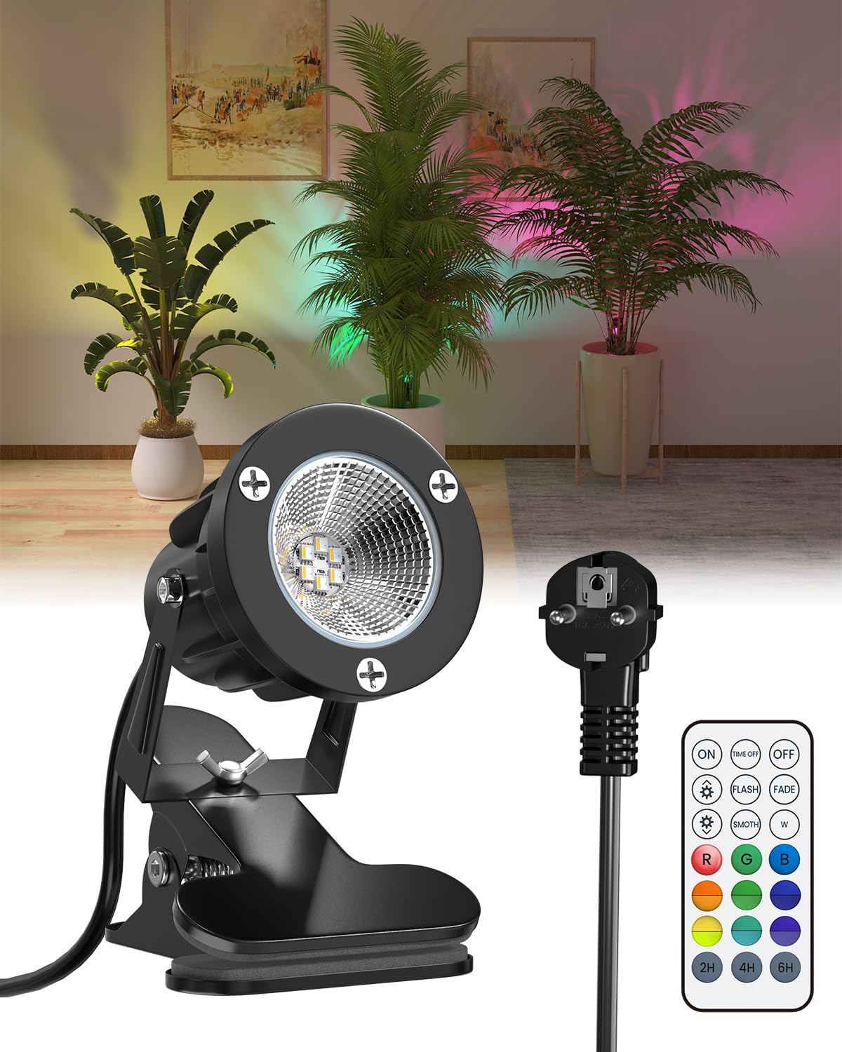 6W RGB LED Spot à Pince avec Télécommande, 15 Lumières RGB + Blanc Chaud 3000K, IP65 Résistant à l'Eau pour Intérieur et Extérieur, Lampe à Pince avec 1,78m Câble et Fiche