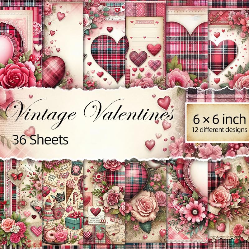 Image of ZIBUYU 36 Sheet Vintage Plaid Paper Sheets, 12 Retro Floral Assorted Designs, Roses, Hearts & Lace Patterns, 6'' Decorative Craft Paper Sheets for Scrapbooking, Journaling, Card Making