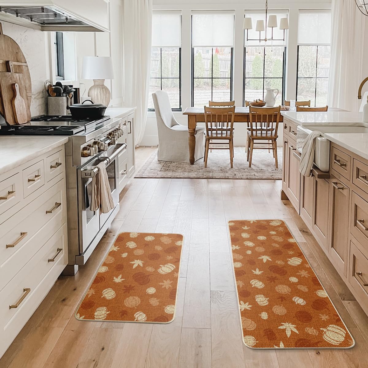 Artoid Mode Orange Pumpkin Maple Leaf Decorative Fall Kitchen Mats Set of 2，Home Party Low-Profile Kitchen Rugs - 17x29 and 17x47 Inch