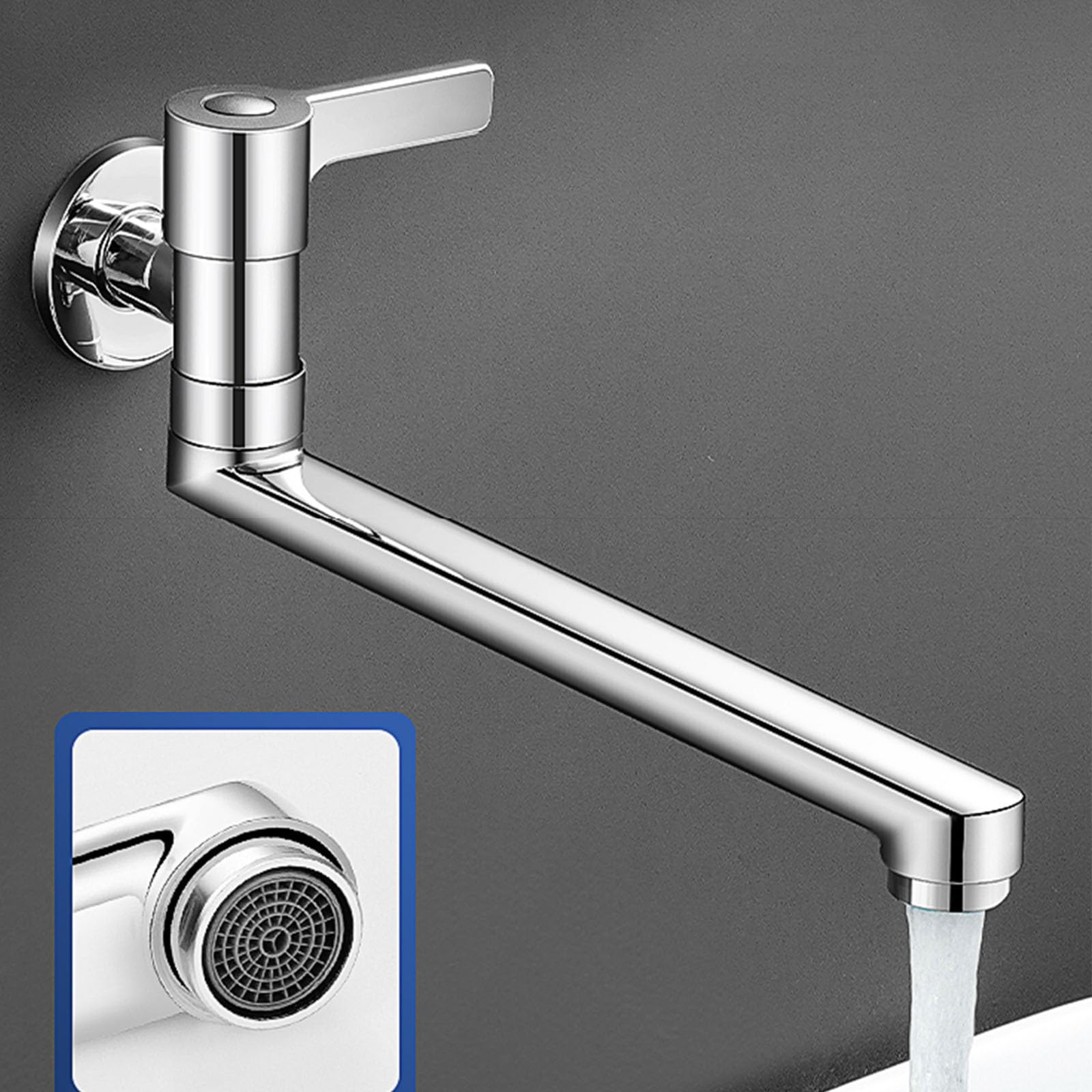 Grifo para fregadero de cocina de agua fría montado en la pared, grifo de latón de una sola palanca, diseño giratorio Ch h 20 cm, ideal para uso en baño y cocina