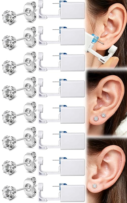 Novopiercing Kit descartável para perfuração de orelha com 8 pistolas, 8 brincos de zircônia cúbica de 3 mm e 8 almofadas