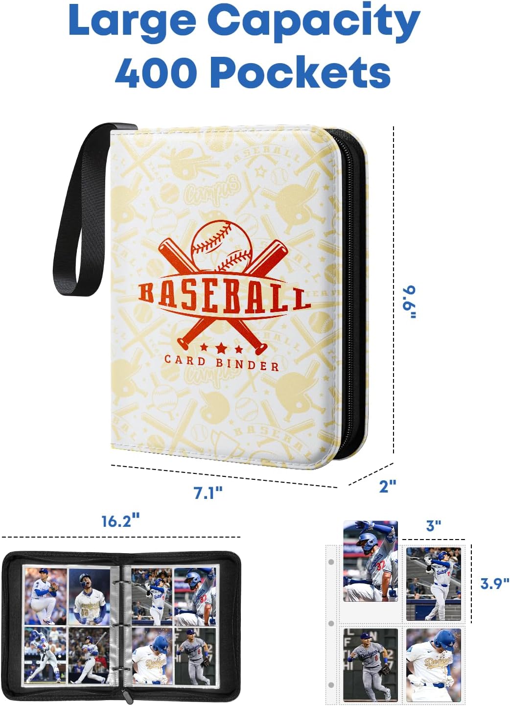 Baseball Card Binder 4 Pocket, Trading Card Binder 400 Pockets for Topps Cards 2025, PU Leather Baseball Card Holder with 50 Removable Card Sleeves, TCG Binders Gift for Boys and Girls