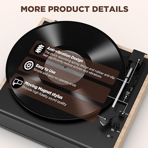 Miniatura 6 de Tocadiscos de vinilo Bluetooth inalámbrico con altavoces integrados y 3 velocidades con correa de 3 velocidades con cartucho magnético, salida RCA,
