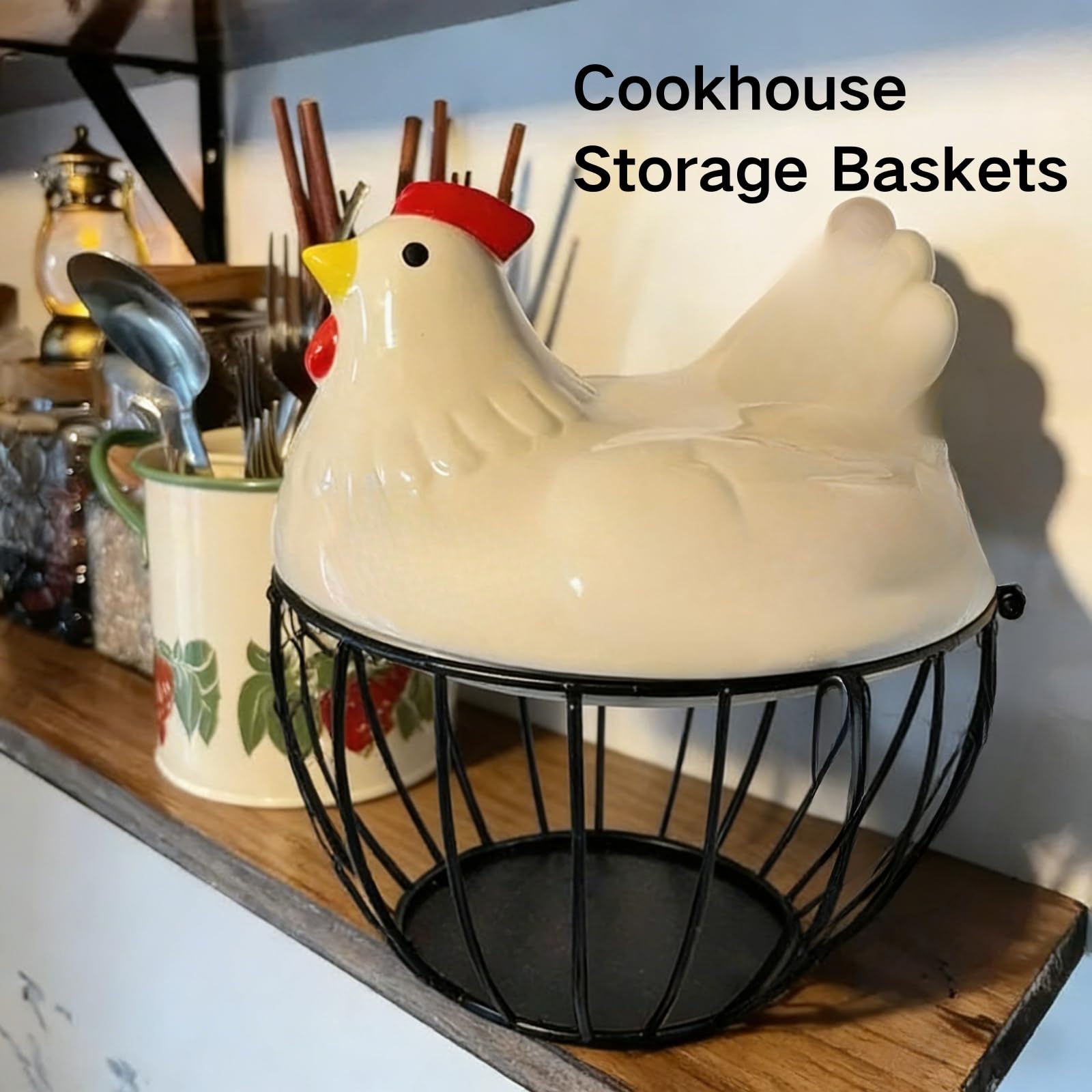 Cesta de cerámica para huevos para 15 huevos, estuche organizador, almacenamiento de hierro para cocina, cocina, verduras, frutas, decoración de gallina, ideal para el hogar y restaurante