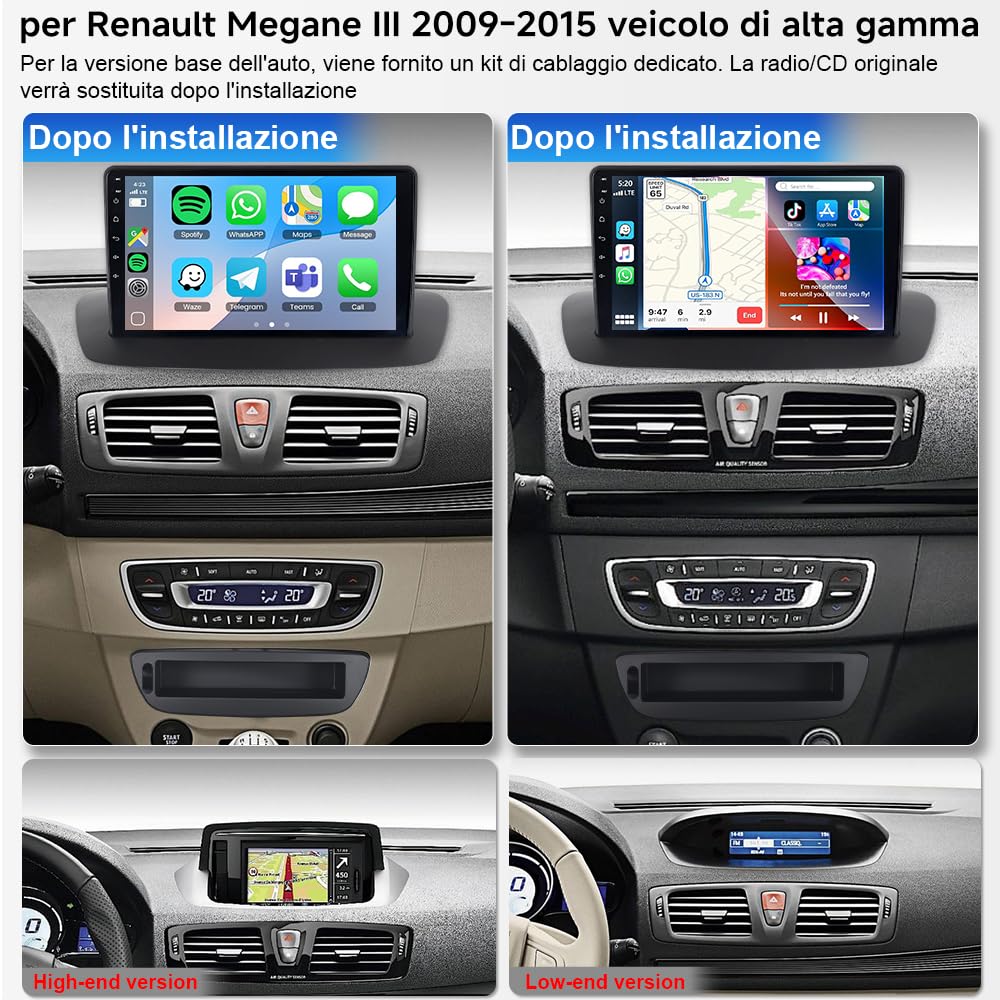9 pollici Autoradio Android 15 per Renault Megane 3 2009–2015 | Touchscreen, Wireless CarPlay/Android Auto, GPS, Bluetooth 5.4, WiFi 6.0, USB, Navigatore Auto Stereo