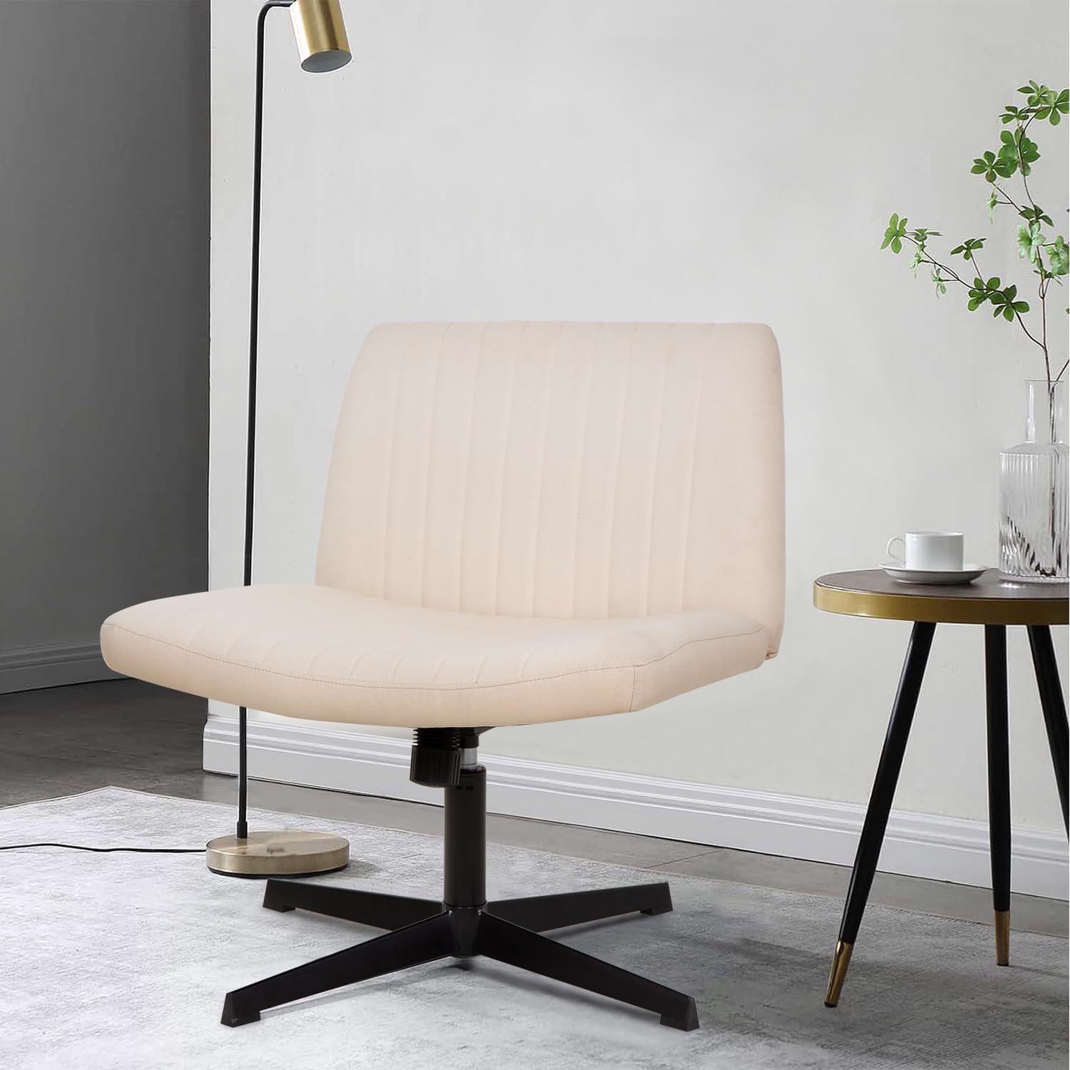 Criss Cross Chair, Cross Legged Office Desk Chair No Wheels Armless, Wide Fabric Seat, 360° Swivel Height Adjustable Mid Back, for Home Office Computer & Makeup Vanity, Beige
