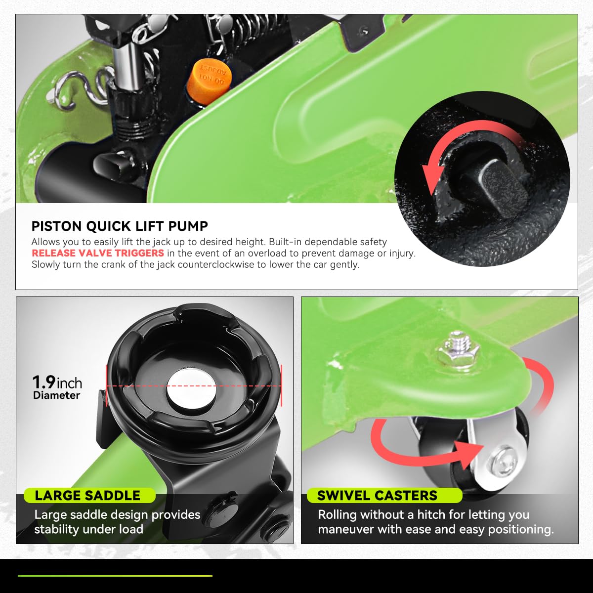 PM PERFORMOTOR Combo de Gato hidráulico de bajo Perfil con 2 Soportes de Gato de trinquete, Capacidad de 2 toneladas (4000 Libras), Verde, PM-TOL-FJ3P-GR