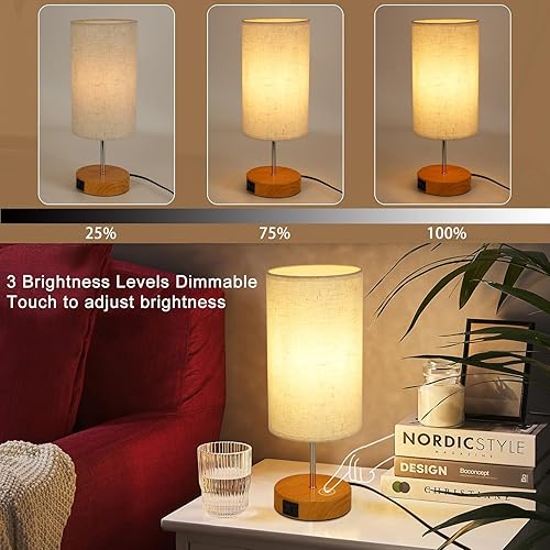 Miniatura 3 de Hurrah Lámpara de mesa al lado táctil  Lámpara de noche regulable de 3 vías, lámpara táctil de madera E26 con puerto USB y pantalla redonda de tela