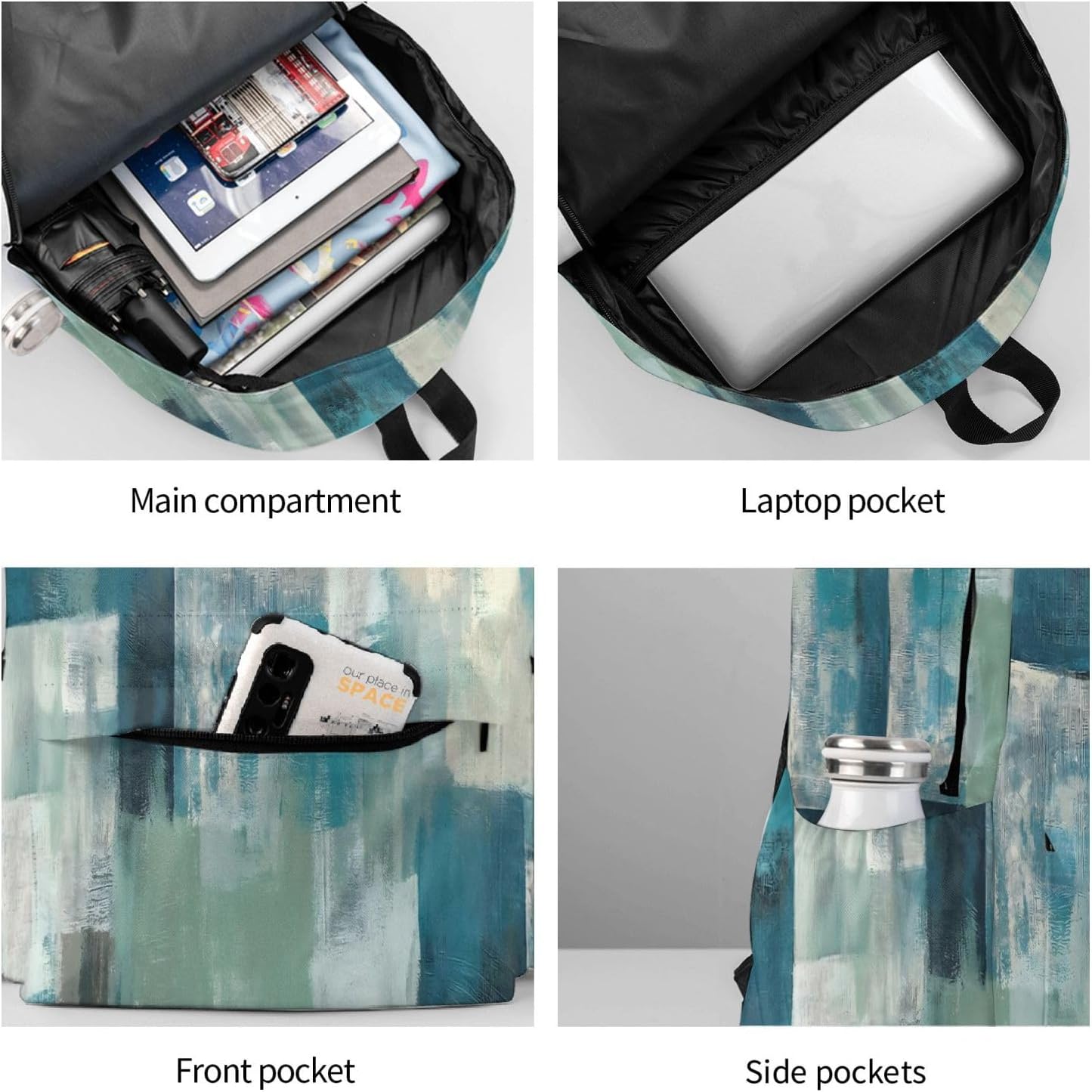 Abstract Turquoise Grey Laptop Backpack For Men Women, Geometric Lightweight Daypack Bookbag For Daily Commutes Business Travel Hiking