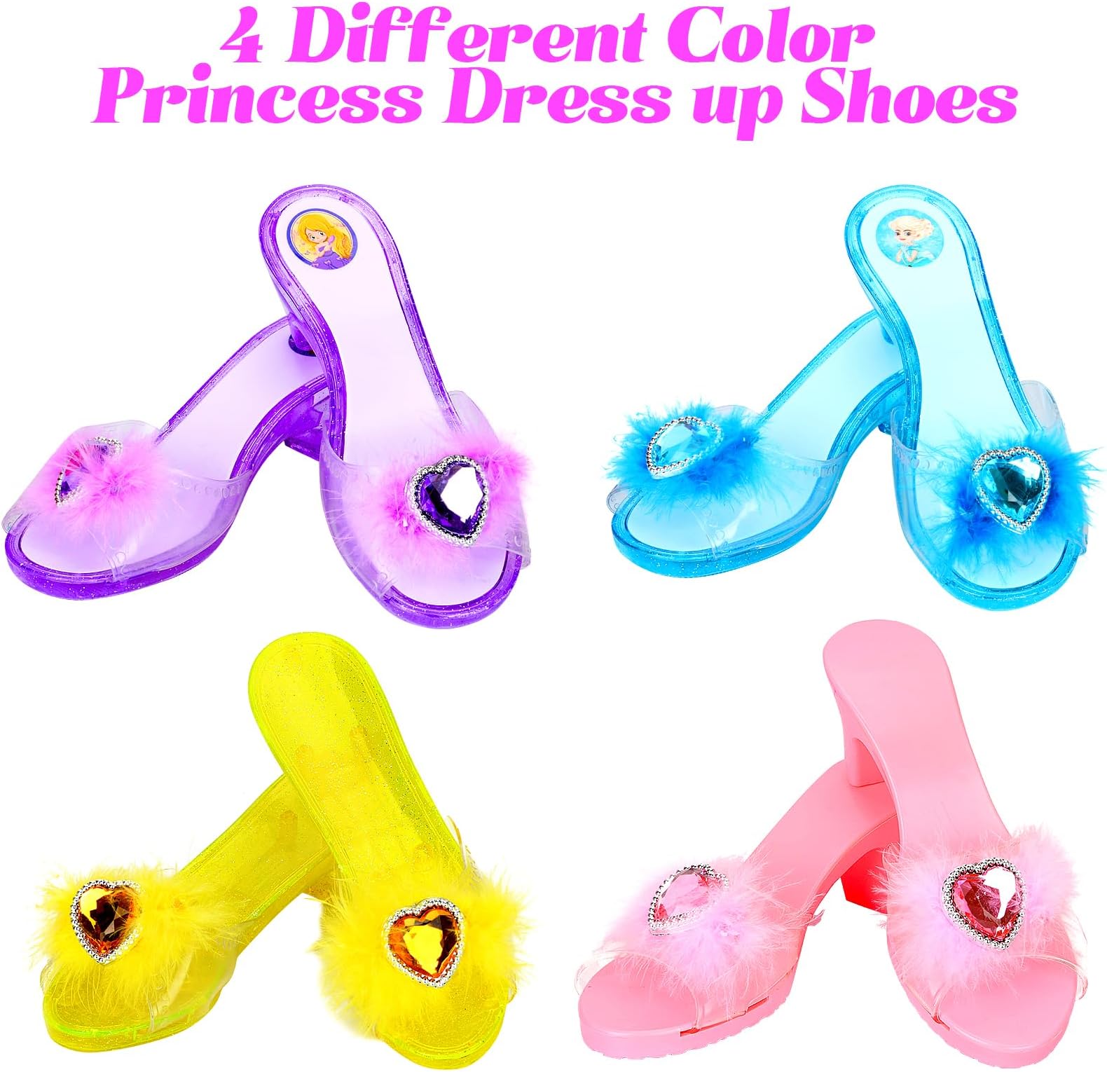 Princess Dress Up Shoes Set for Girls Role Play Dress Up Toys Toddler Pretend Jewelry Boutique Kit Gift Set for Little Girls 3-6 Years Old 4 Pairs Shoe Kit with Princess Accessories
