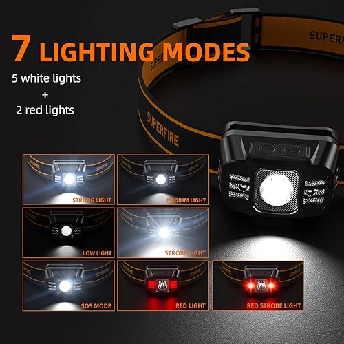 Miniatura 3 de SuperFire Linterna frontal recargable, 650 lúmenes, súper brillante, con sensor de movimiento, para niños, 7 modos con luces rojas, diadema que