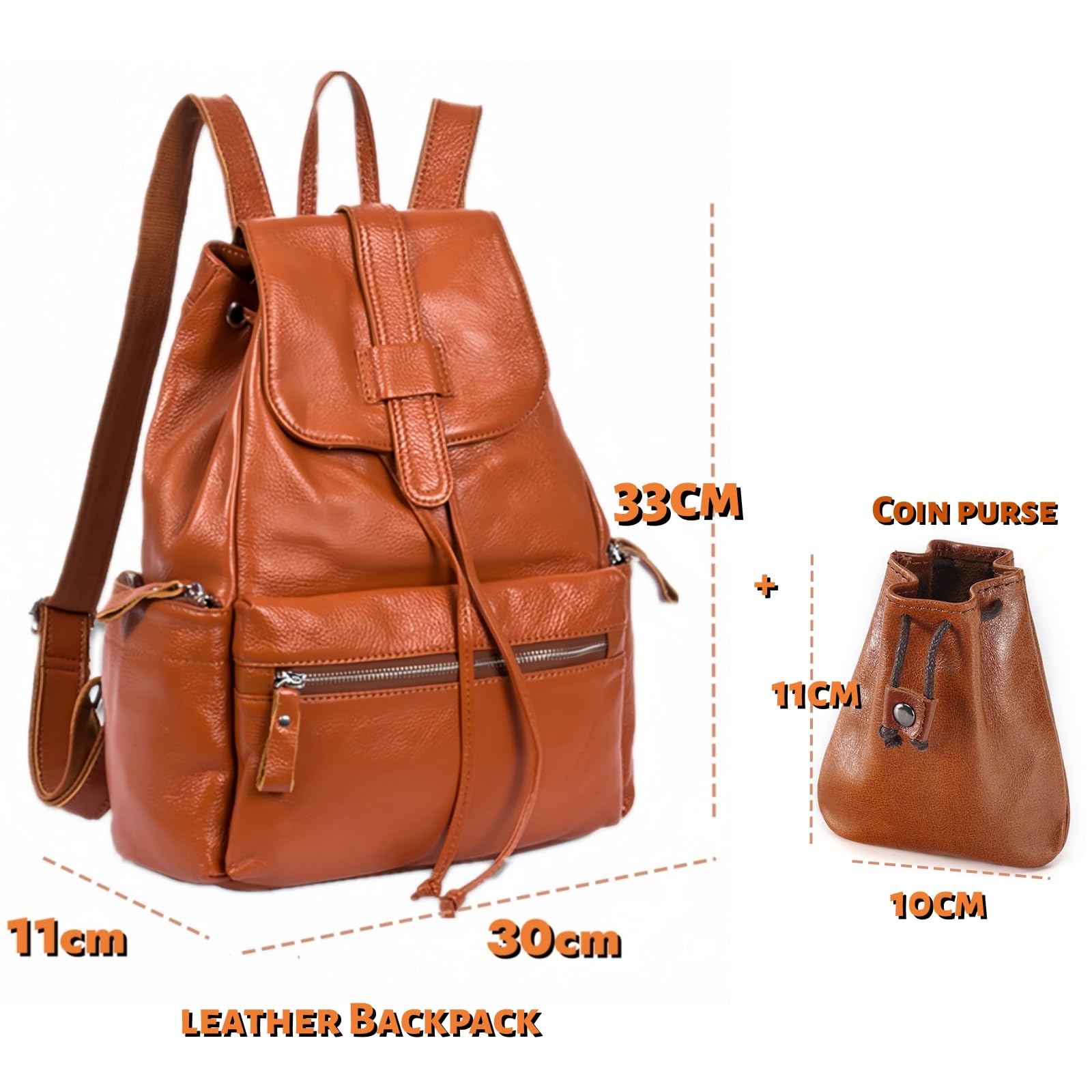 Leder Rucksack mit Kordelzug Magnetverschluss inkl. passender Münzbeutel Klassisches Design für Business Reise & Alltag Cityrucksack Echtleder bg521 (Cognac Genarbtes Leder)