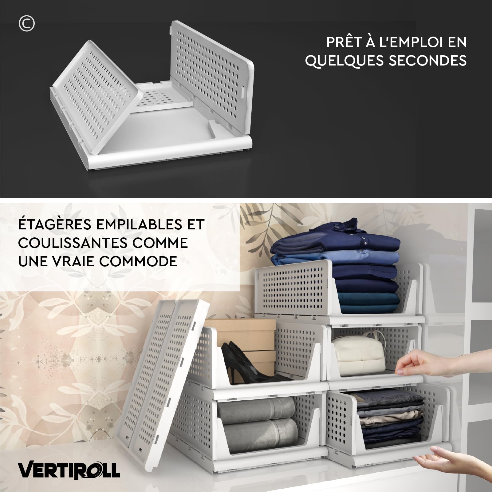 Tiroirs Rangement Empilable Pliant Bac Plastique Blanc 32,5x42,5x18,5cm Maison Cuisine Bain Bureau