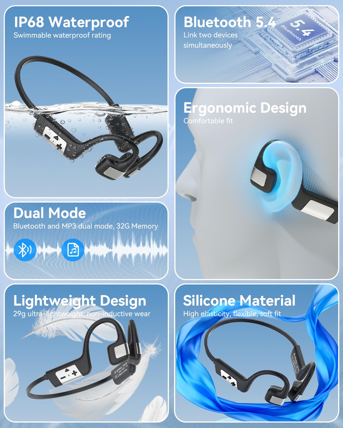 MONODEAL Cuffie Conduzione Ossea Bluetooth 5.4 Subacquee per Piscina IP68 Impermeabile Auricolari MP3 Subacqueo 8G Auricolari Sport per Nuoto, Corsa