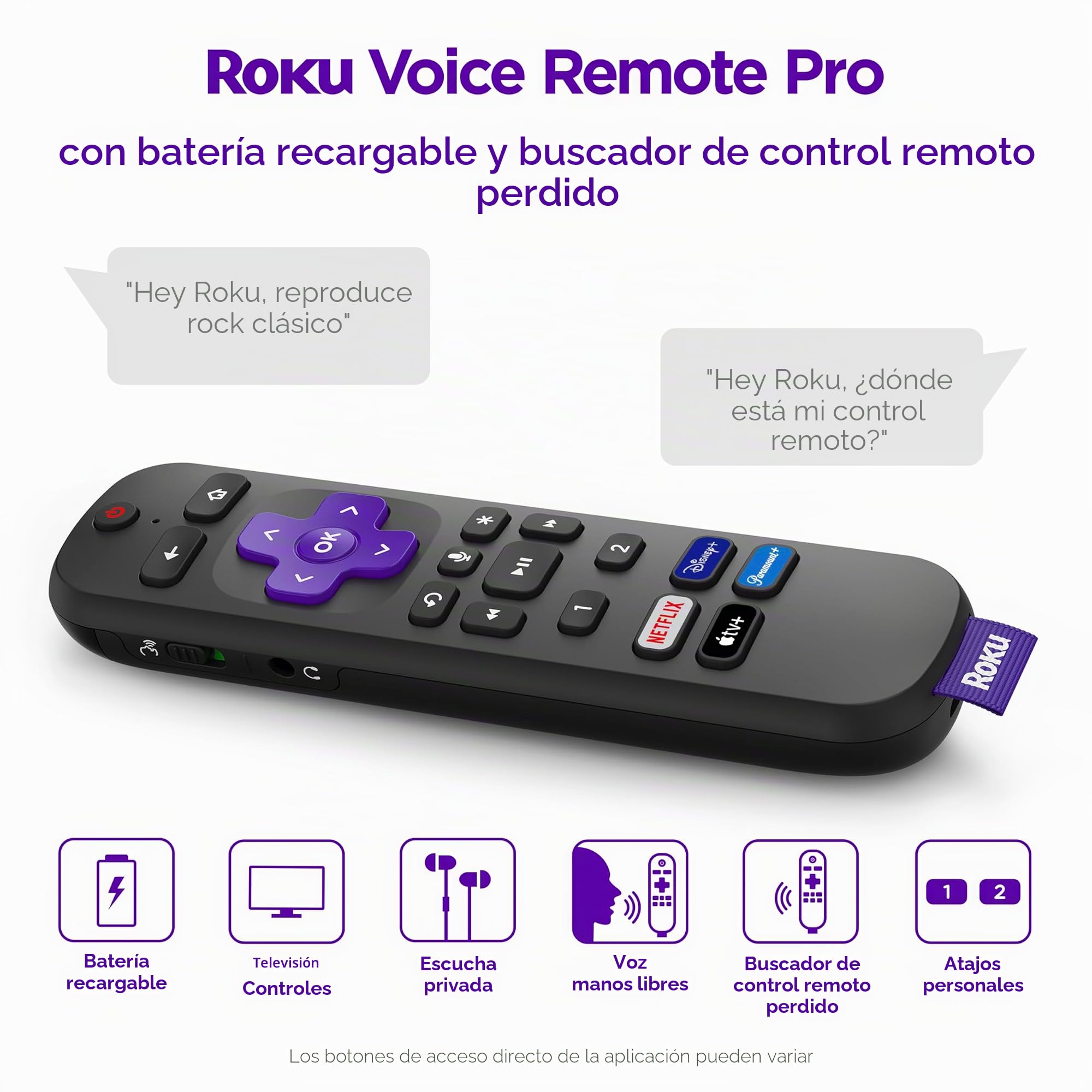 Roku Mando a distancia por voz profesional (1ª edición) | Mando a distancia recargable para TV con controles de voz manos libres, modo de auriculares y buscador remoto perdido - Mando a distancia de