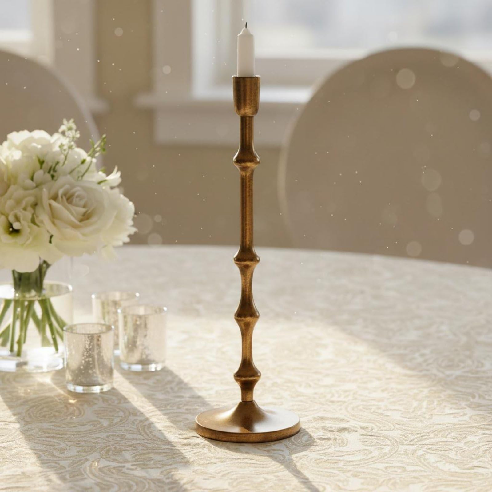 Candelabro in Alluminio Portacandele Colonna Classica Decorazione Tavolo Finitura Anticata Testurizzata Atmosfera Accogliente Adatto a Candela Feste Salotto, L