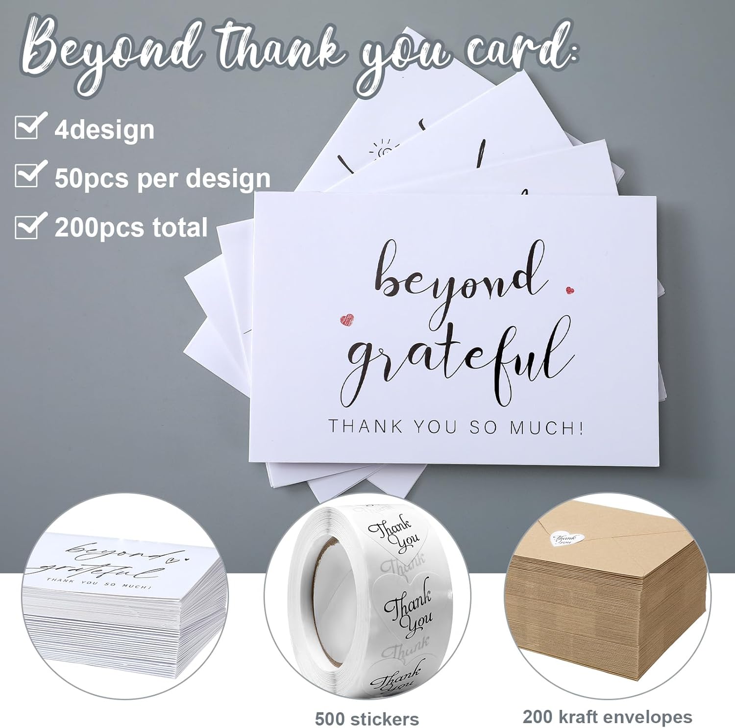 Yeaqee 200 Pack Beyond Grateful Thank You Cards Bulk 4 x 6 Inches Thank You Cards with Envelopes and 500 Pcs Matching Stickers for Baby Shower Wedding Bridal Shower Business Gratitude Gift