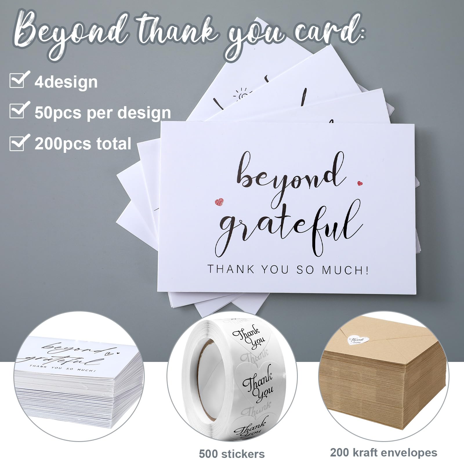 200 biglietti di ringraziamento Beyond Grateful con buste in carta kraft e 500 adesivi abbinati, biglietti di ringraziamento da 10 x 15 cm, per baby shower, matrimoni, addio al nubilato, regali di