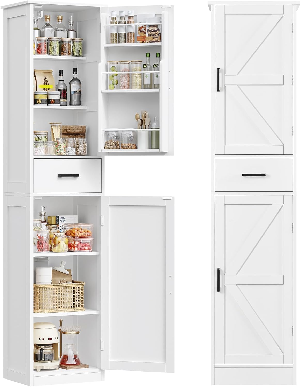 TEENFON Küchenschrank Hochschrank, schmaler Mehrzweckschrank mit verstellbaren Einlegeböden, Vorratsschrank &amp; Buffetschrank (2 Türen, 1 Schublade, 1 Türfach), für Küche, Wohnzimmer, Esszimmer, weiß