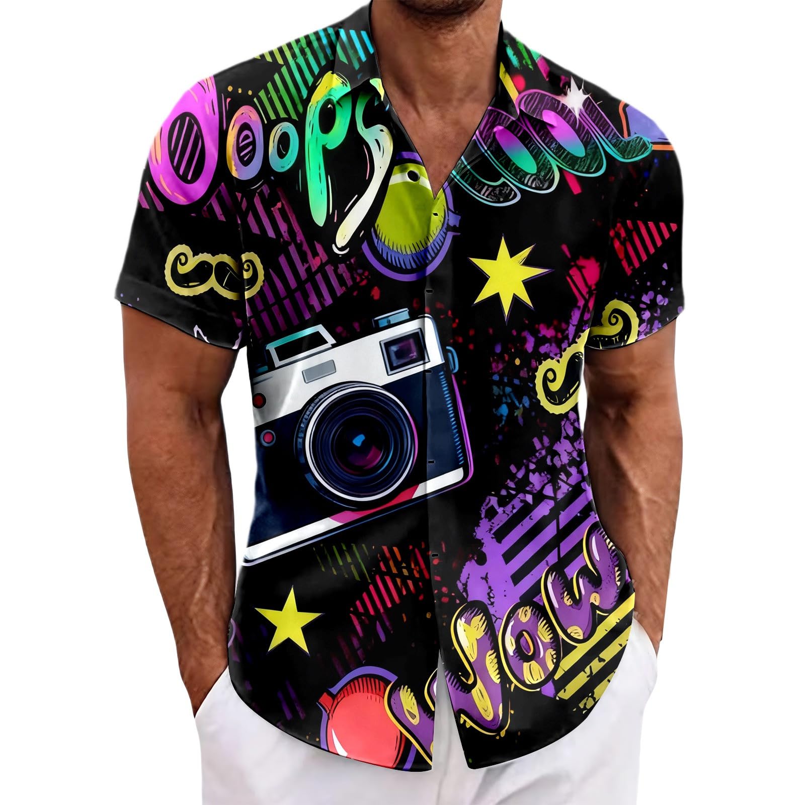RUMAOZIA Men's Hawaiian Shirt 80s 90s Style Short Sleeve Carnival Fancy Dress Outfit 80s Shirts 90s Button Up Shirt Retro Hawaiian Beach Shirt Neon Disco Funny Party Shirts Colourful Vintage Shirts
