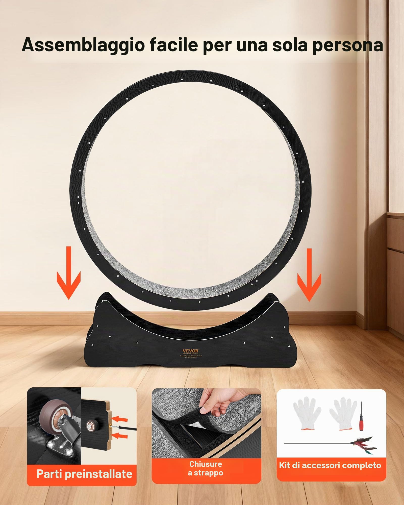 VEVOR Ruota per Esercizi per Gatti, Ruota per Correre in Legno da 120 cm per Gattini da Interno Fino a 12,7 kg, con Pista in Moquette e Meccanismo di Bloccaggio, per Animali Domestici, Fitness Nero