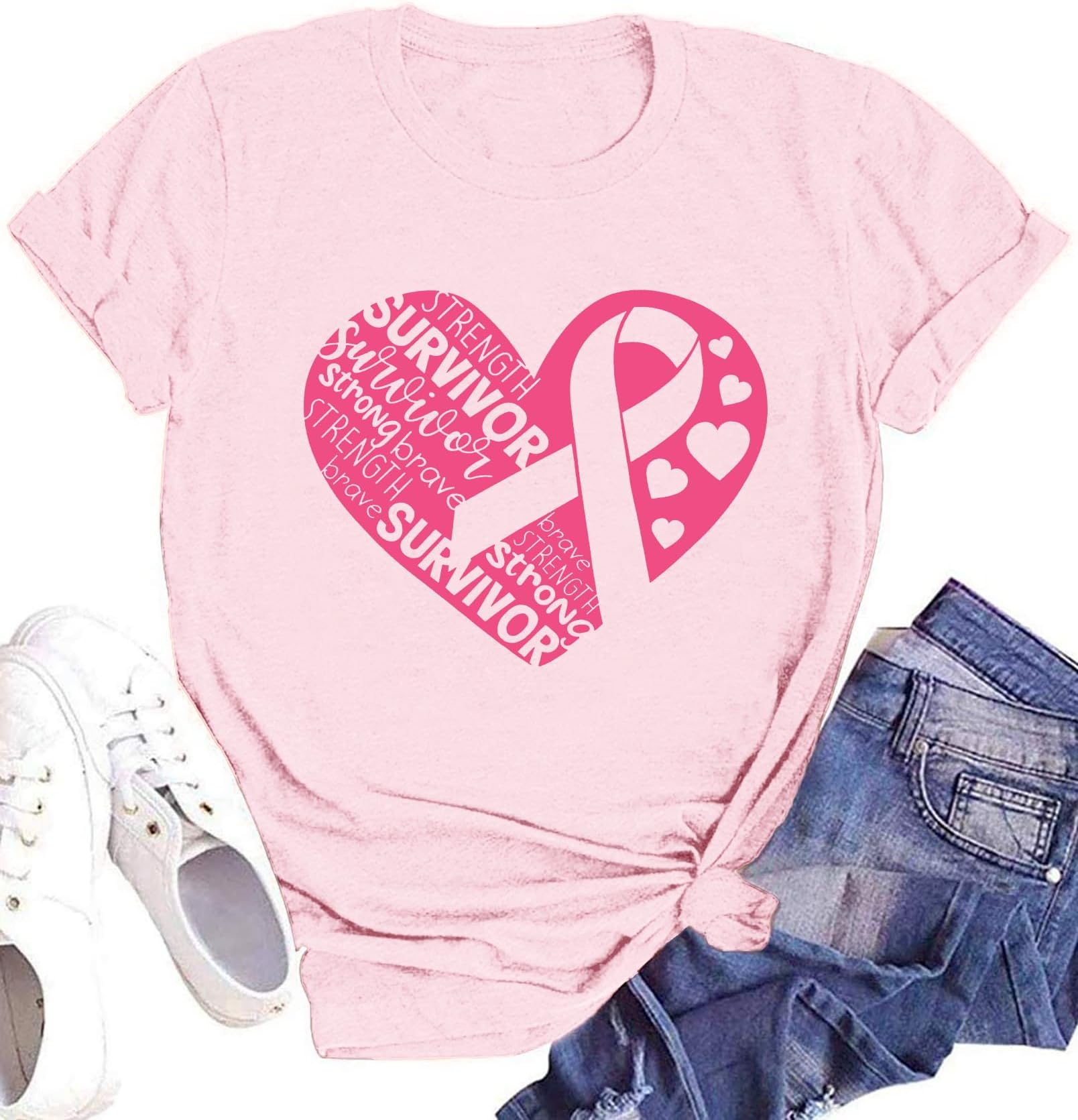 Breast Cancer Shirt for Women Pink Ribbon T-Shirts Graphics Support Cancer Shirts Rainbow Casual Tee Tops