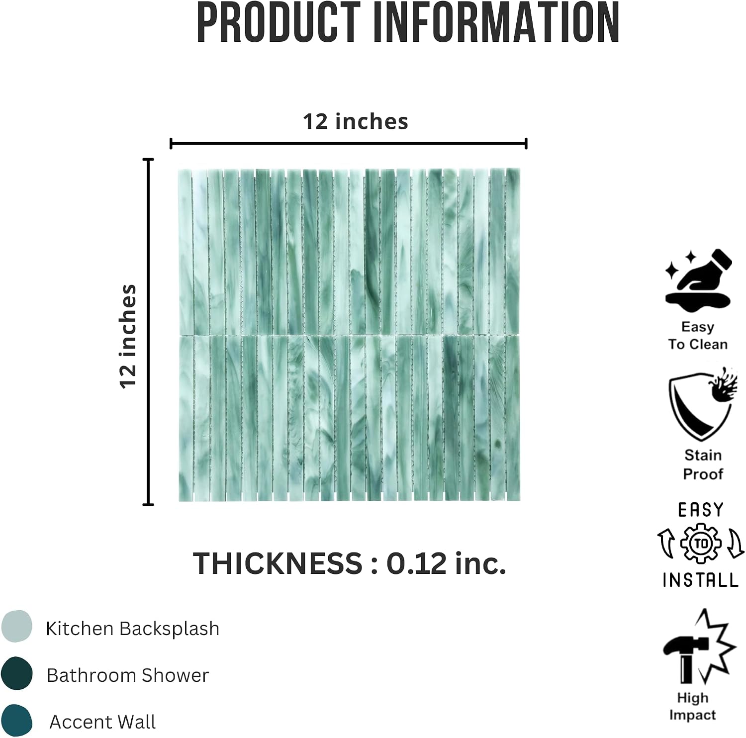 Tenedos HTCFD Green Straight Glass Mosaic Tile Sheet 12x12 Inch Polished Wall Backsplash Kitchen Bathroom Shower Wall Tile (1 Sheet)