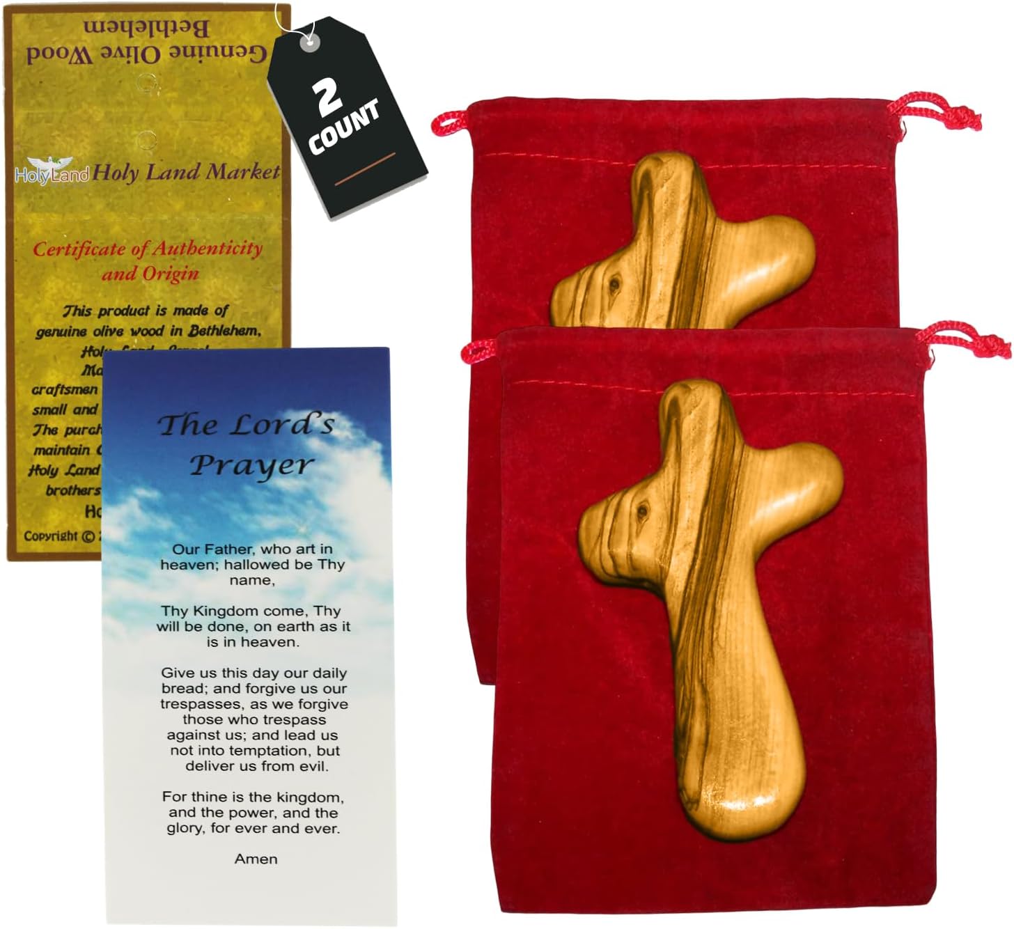 Holy Land Market Inspirational 2 Hand Made Olive Wood Pocket Crosses from Bethlehem - Comfort and Prayer Crosses - Hand Held Wooden Crosses - 2 Sets with Certificates, Prayer Cards and Velvet Bags