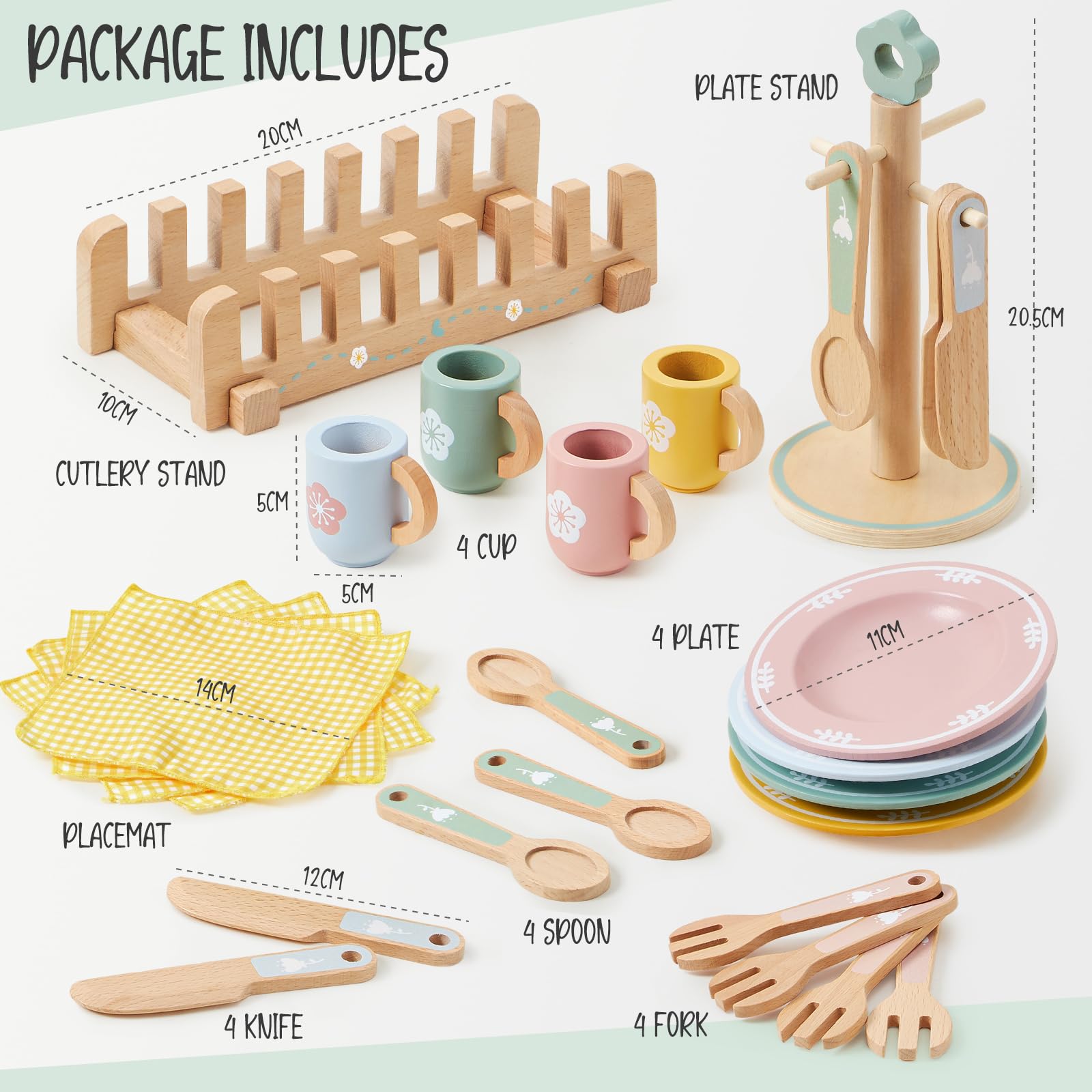 Atoylink Kinderküche Zubehör Holz Geschirr Teeservice Kinder, Geschirrset mit Tassen Teller, Spielküche Zubehör Holz Küchenzubehör Spielzeug Rollenspiel Geschenk für Mädchen Jungen 3 4 5 6 7 8 Jahre