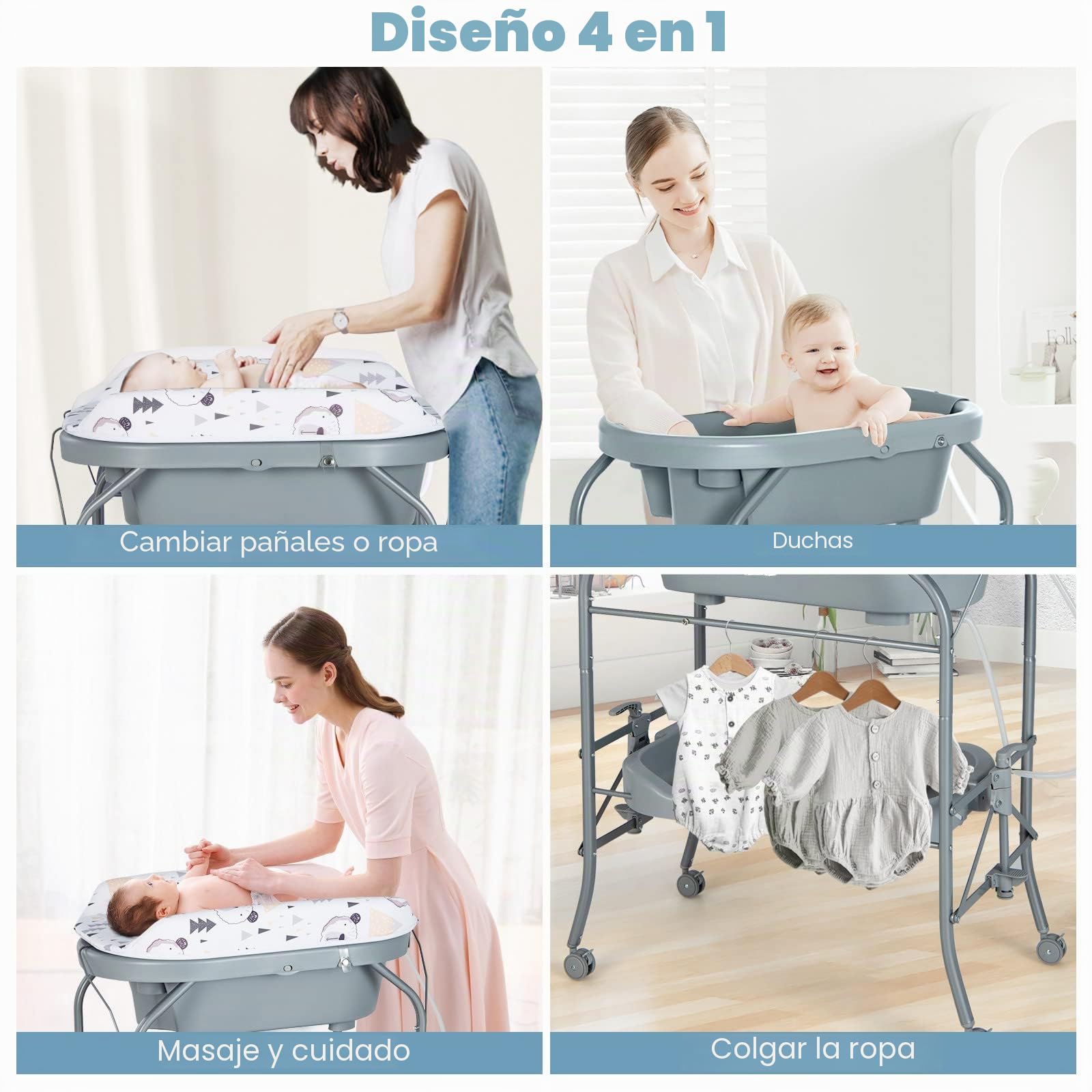 GOPLUS 4 en 1 Cambiador con Bañera, Cambiador de Pañales Plegable y Portátil con Bandeja de Almacenamiento y 4 Ruedas Universales con Frenos, para Bebés de 0-12 Meses, Carga hasta 35 kg (Gris)