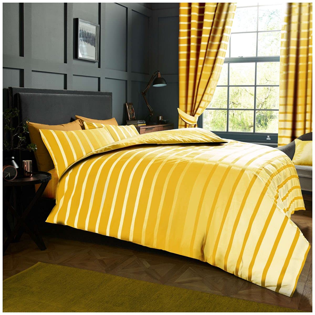 GC GAVENO CAVAILIA Luxurious Oscar Striped Duvet Cover, Premium Soft & Cosy Printed Reversible Lined Quilt Bedding Set, Polycotton, Ochre, Double