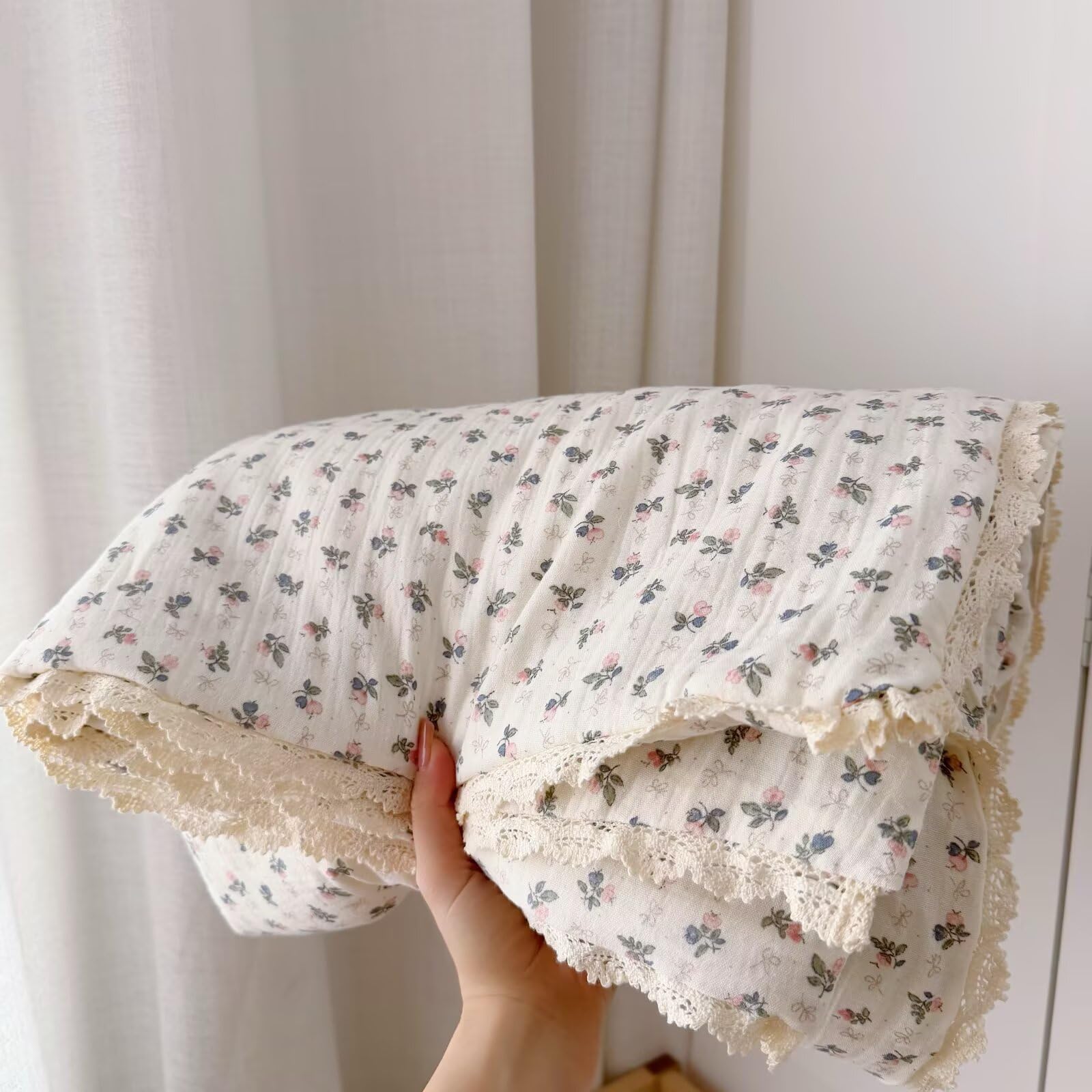 BuLuTu Coperta trapuntata in mussola di cotone con stampa a fiori rosa, per bambine e ragazzi, leggera e morbida, per culla, per bambini, per tutte le stagioni, 119,2 x 150,2 cm