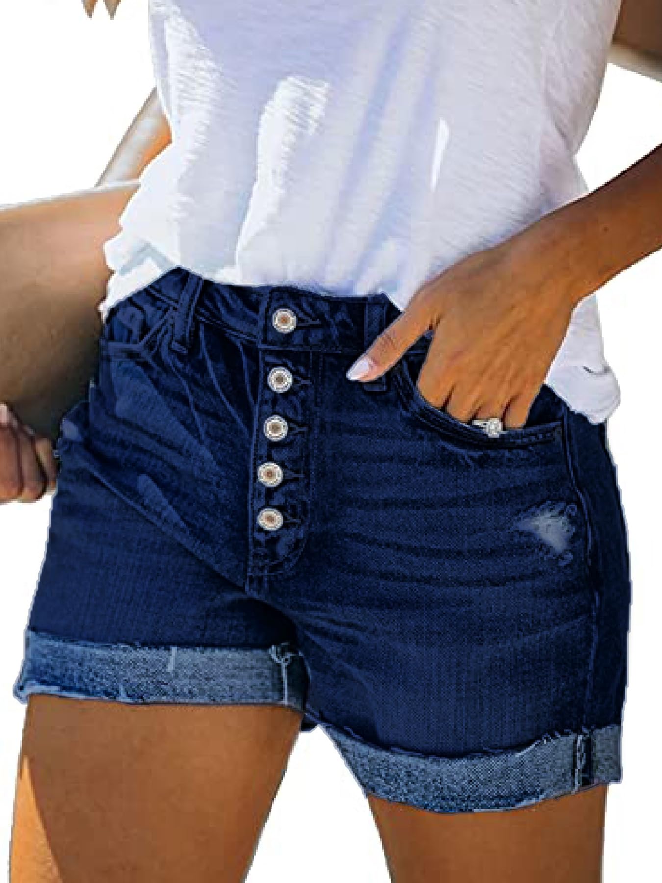 NEYOUQE Short Fluide Femme été Elastique Bermuda Casual Chic Bouton avec Poche Ourlet Jeans