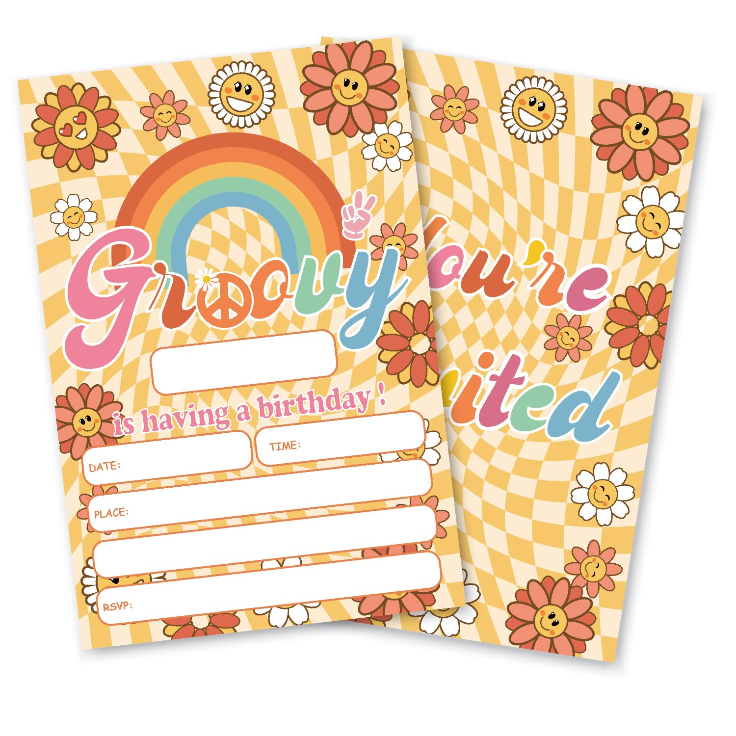 Groovy Birthday Party Invitations with Envelopes 20 Packs,Trendy Retro 60s 70s Daisy Rainbow Birthday Party Invitation Invite Cards,Teen Girls Kids Groovy Birthday Invites