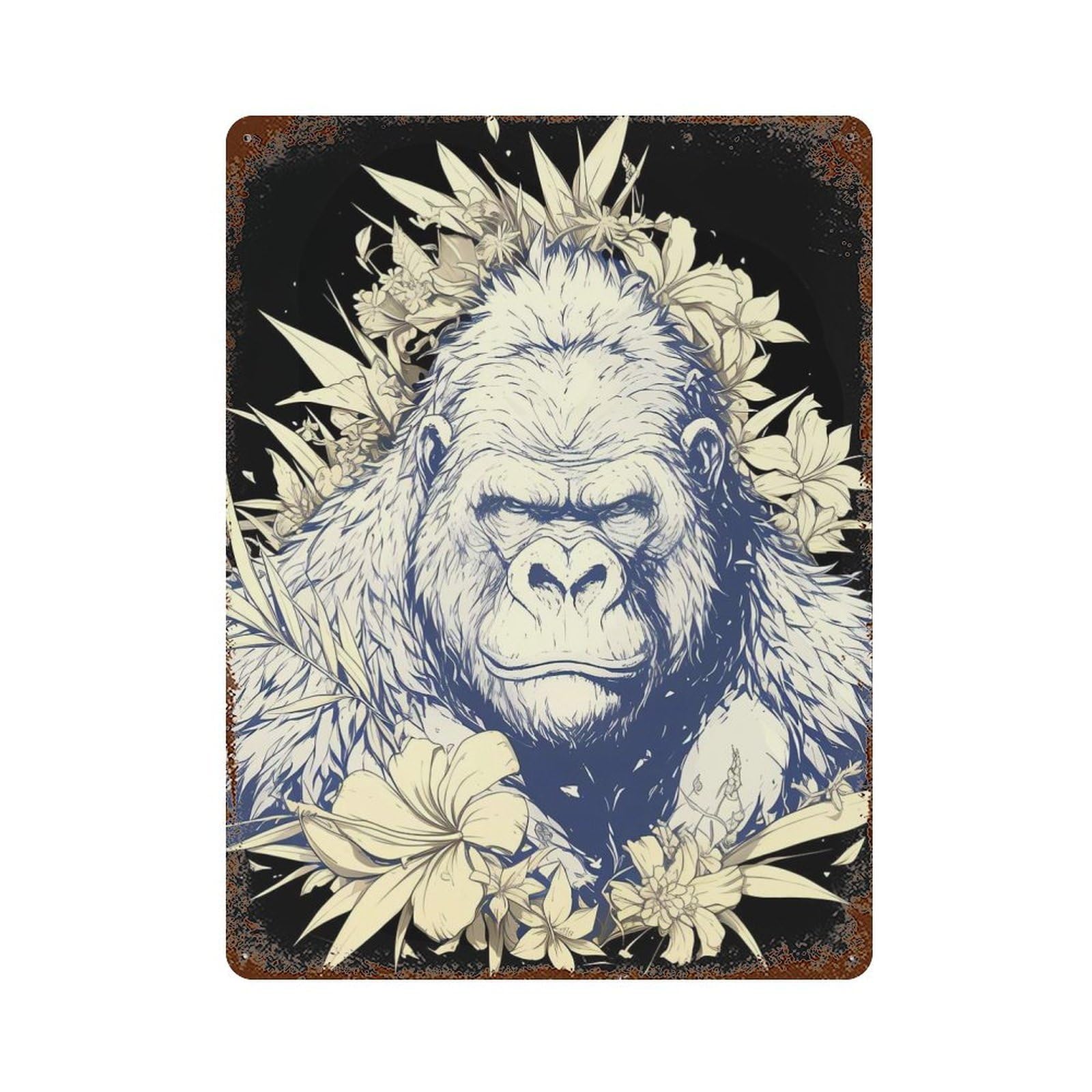 Rust Effect Floral Gorilla Illustration Vintage Rust Metal Sign 15.7"x11.8", Old School Wall Decor for Basement, Hobby Room And Garage Decor