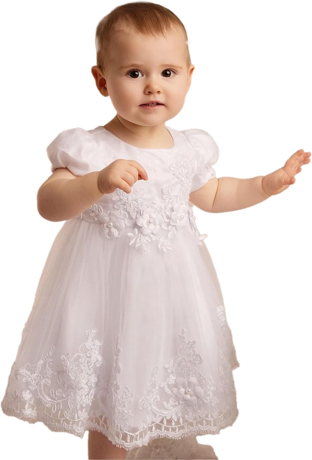 Baby Girls' White Floral Lace Christening Dress - Cap Sleeve Tulle Gown, 0-24 Months