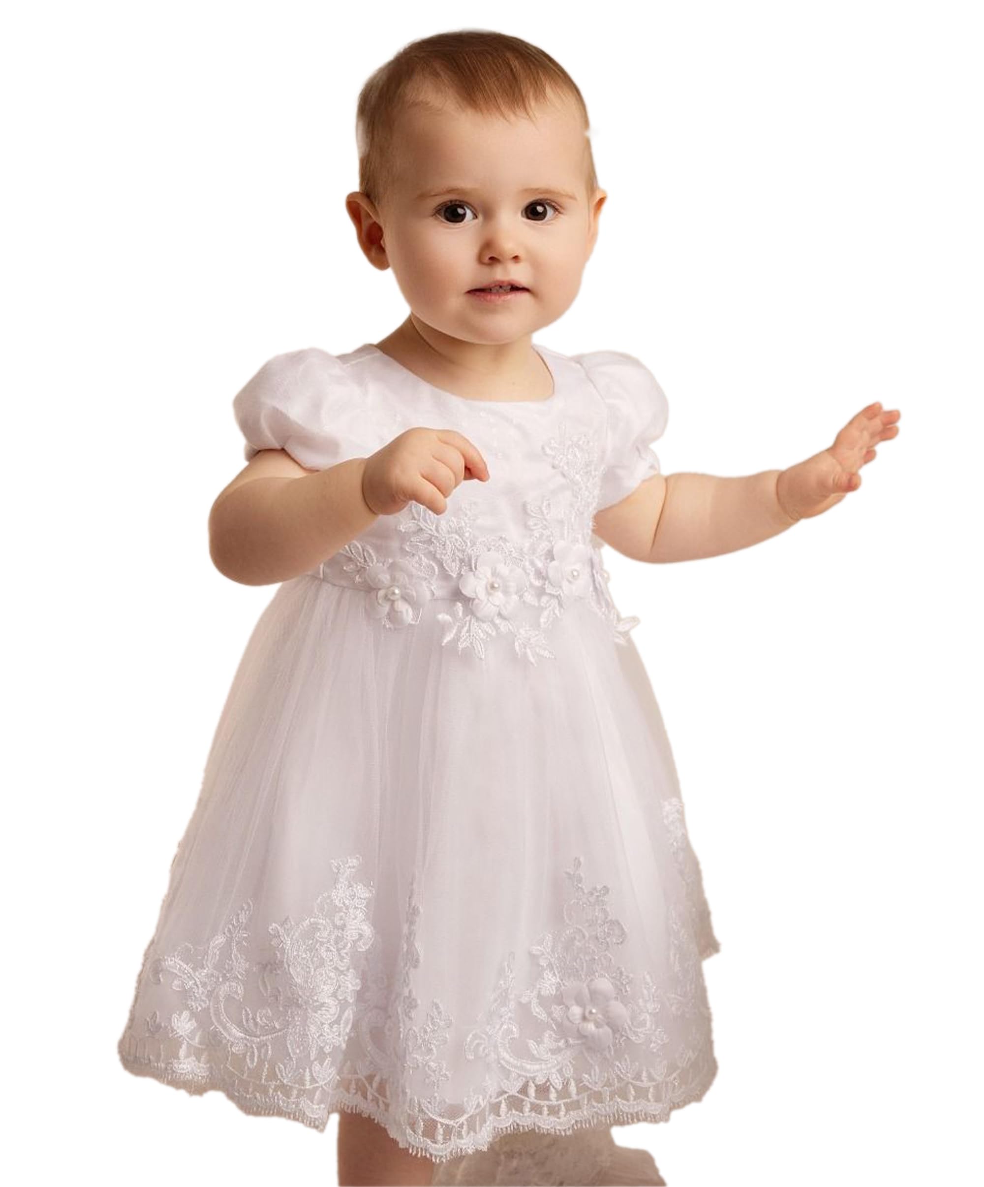 Vestido de Bautizo de Encaje Floral Blanco para niñas pequeñas: Vestido de Tul con Mangas Cortas, de 0 a 24 Meses