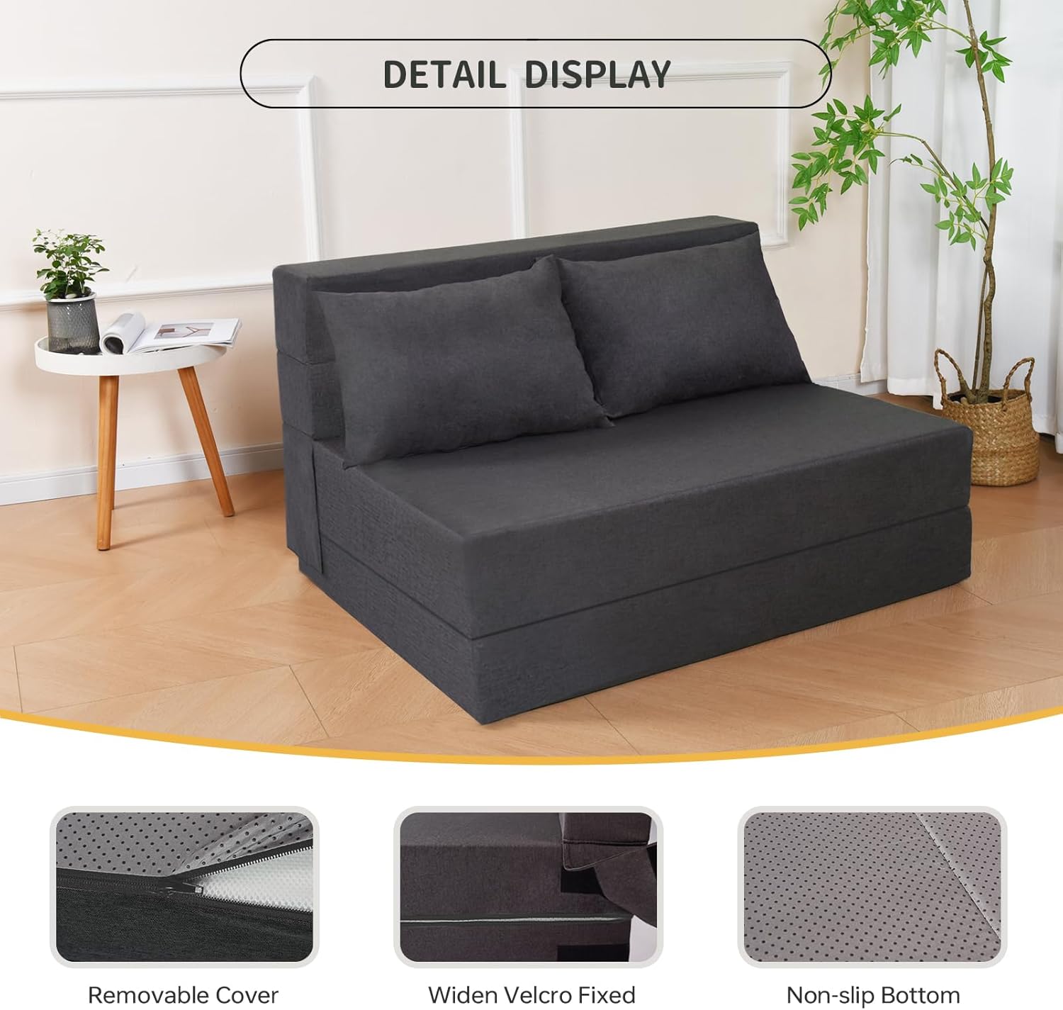 Folding Sofa Bed, Foldable Bed Sleeper Chair with Pillow, Convertible Sofa Bed with Washable Cover, Fold Out Couch, Futon Sofa Bed for Living Room, Dorm, Guest Room, Standard Size, Dark Grey