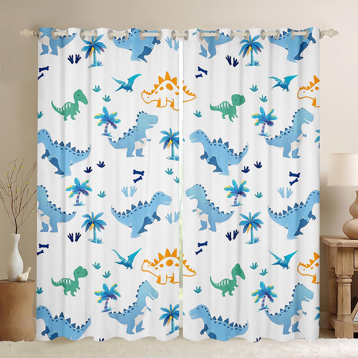 richhome Cute Dinosaur Curtains for Bedroom Living Room Blue Dinosaur Blackout Shades Coconut Palm Curtain Animal Theme Window Treatments, 2 Panels W66*L72 Decor