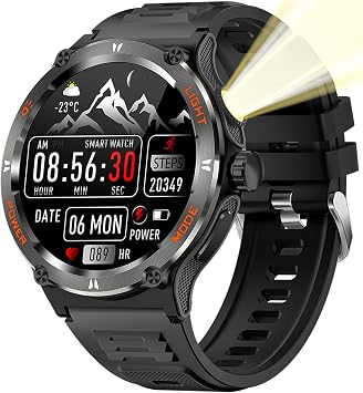 Smart Watch with Compass and Flashlight, Military Activity Tracker for Android iOSBluetooth Call Answer/Dial Calls Rugged Smartwatch AI Voice Assistant/Heart Rate/Blood Pressure