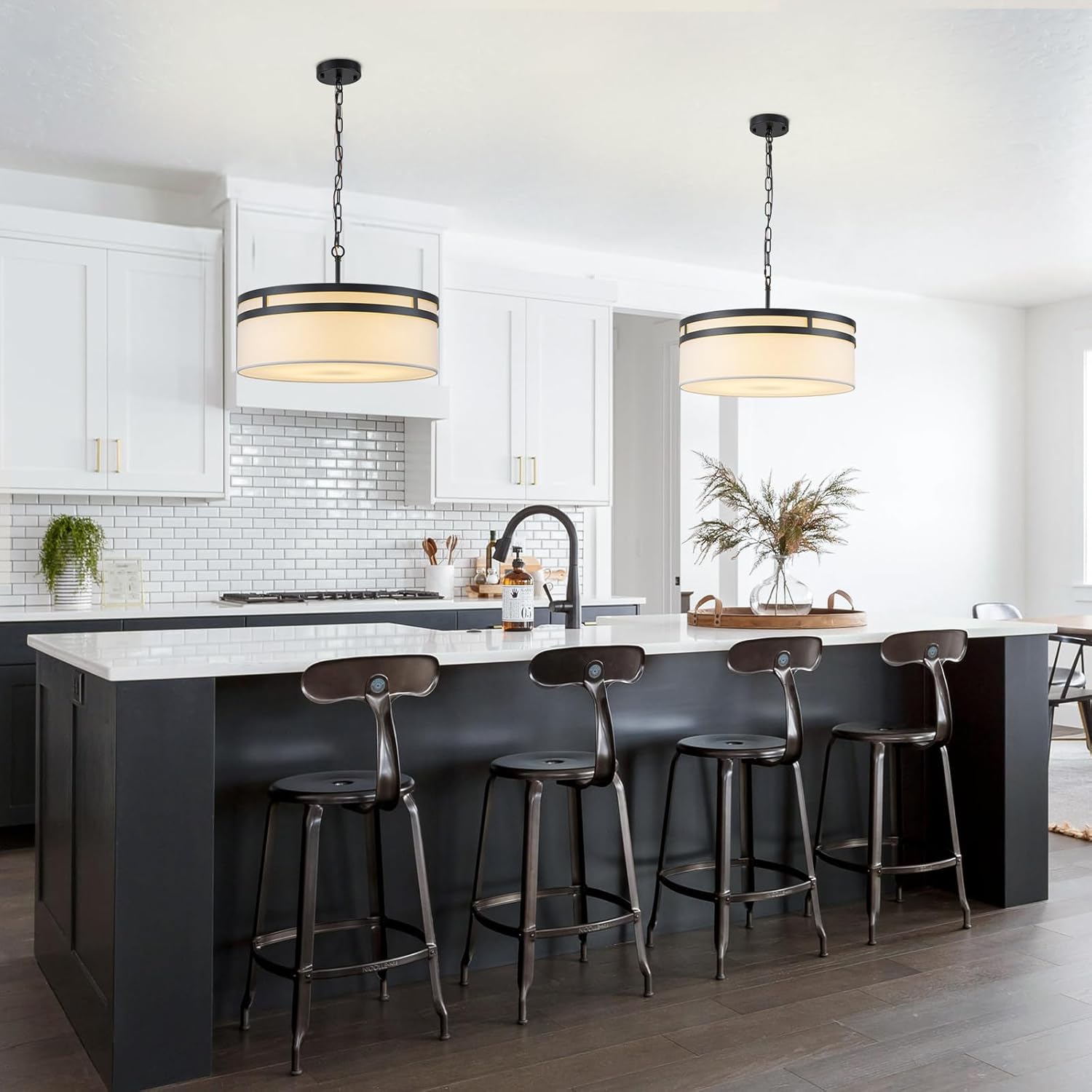 Modern Drum Chandelier 19.69" Black Dining Room Light Fixture with White Linen Shade Farmhouse Pendant Lights Round Kitchen Chandeliers over Table Ceiling Hanging Light for Entryway Foyer Bedroom E12