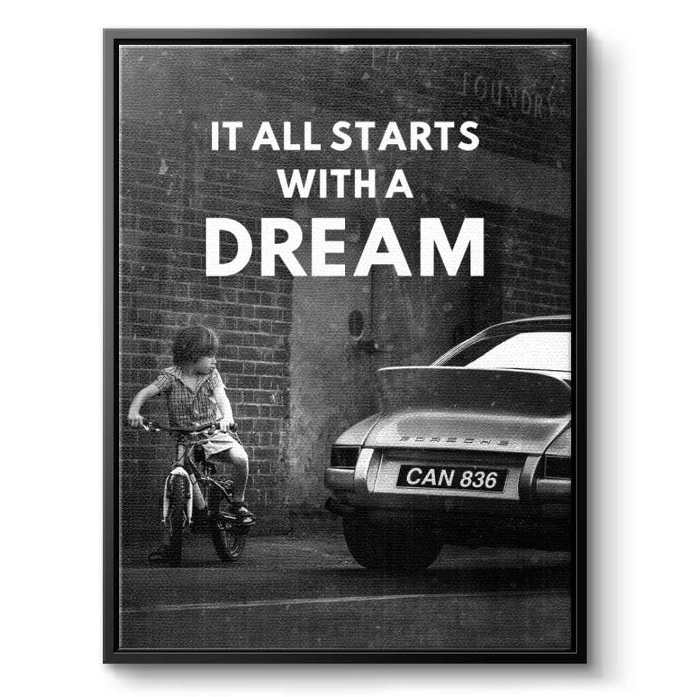 PERSONALISIERBARES Porsche Poster mit WUNSCHKENNZEICHEN | It all starts with a dream | Motivationsbilder | Porsche 911 Poster Auto Bild | Wandbild Büro Deko Office Garage Geschenk Männer Werkstatt